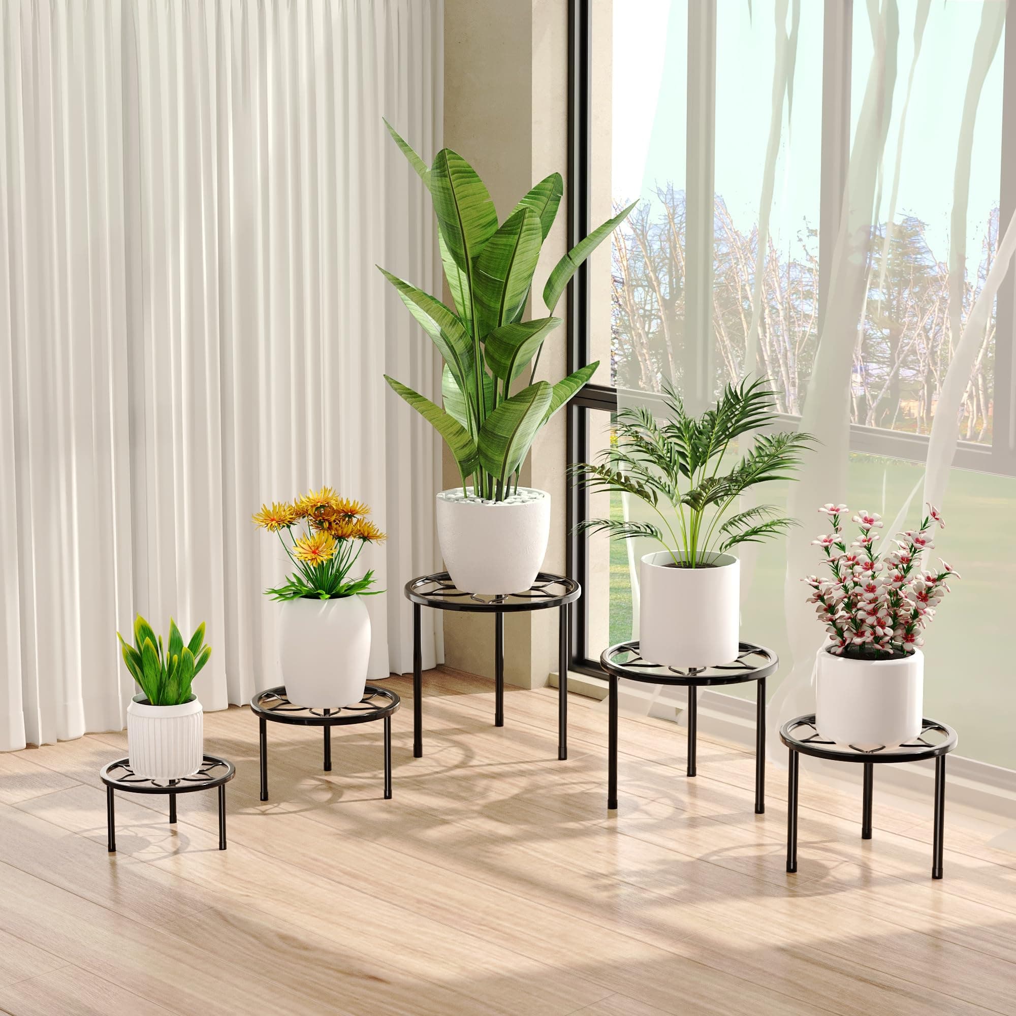 VECELO Metal Plant Stands Set of 5, Multiple Heavy Duty Flower Pot Stand, Round - Thumbnail 6