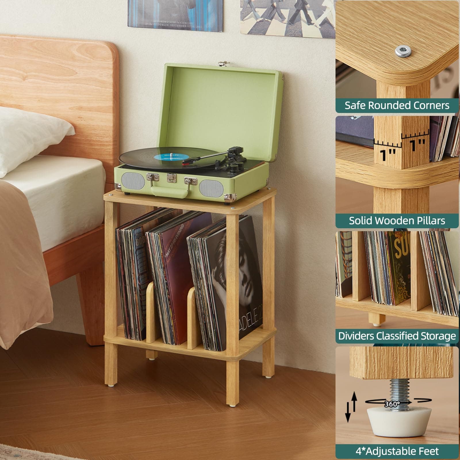 LELELINKY 2-Tier Bamboo Record Player Stand with Vinyl Record Storage up to 100 - Thumbnail 8