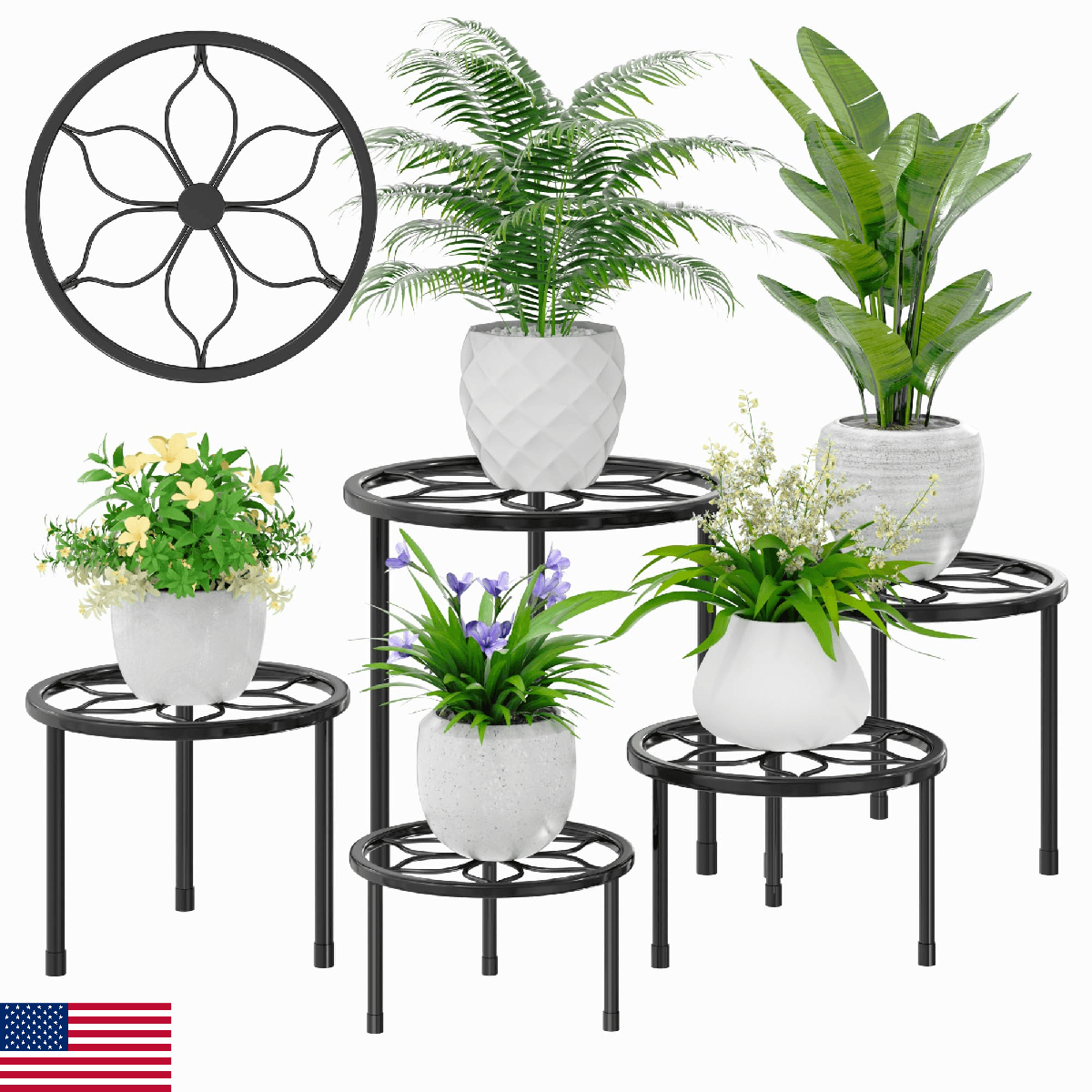 VECELO Metal Plant Stands Set of 5, Multiple Heavy Duty Flower Pot Stand, Round - Image 1