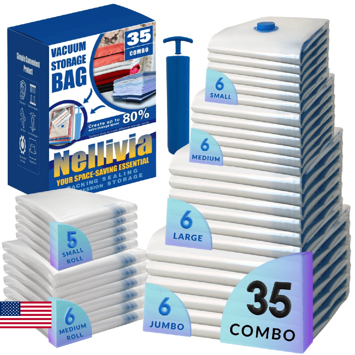 Nellivia 35 Pack Vacuum Storage Bags with Pump for Bedding Clothing Luggage Orga - Image 1