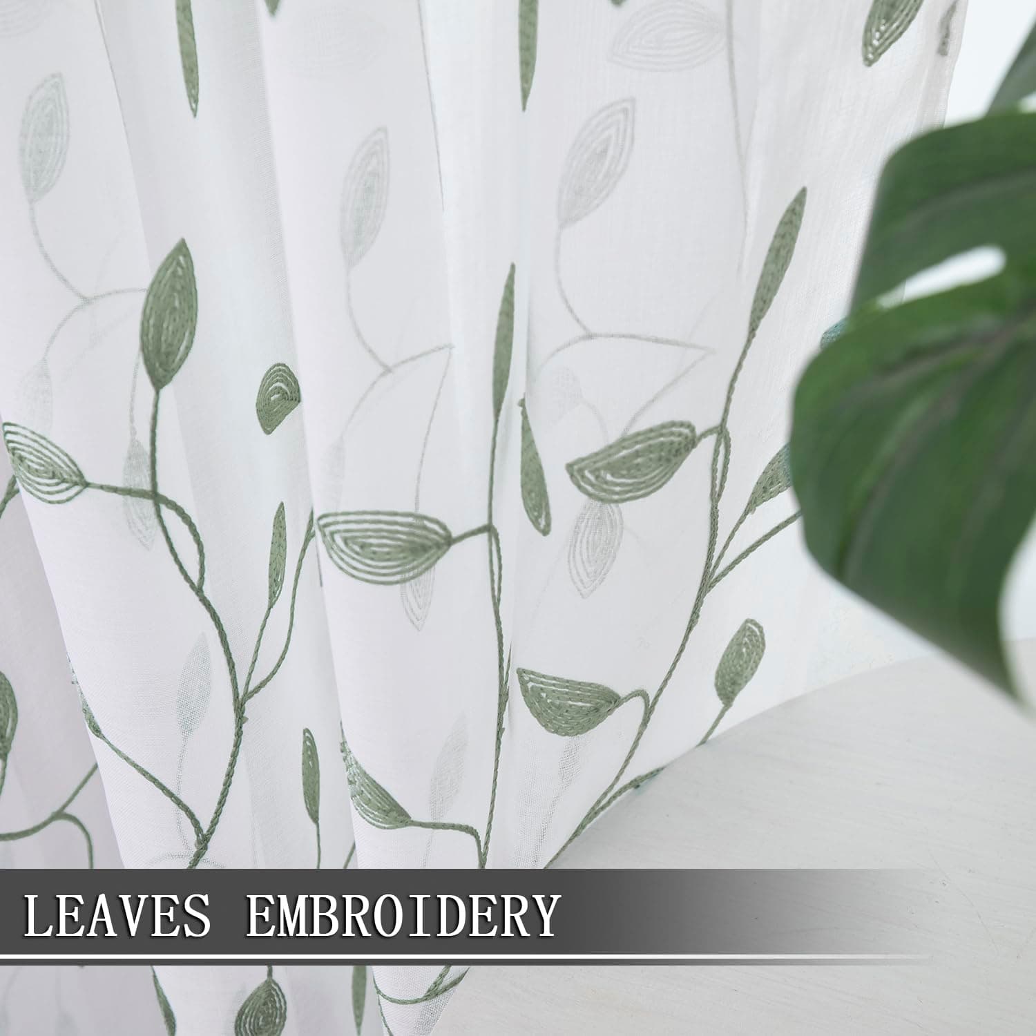 Tollpiz Leaves Sheer Curtain Sage Green Leaf Embroidery Bedroom Curtains Rod Poc - Thumbnail 3
