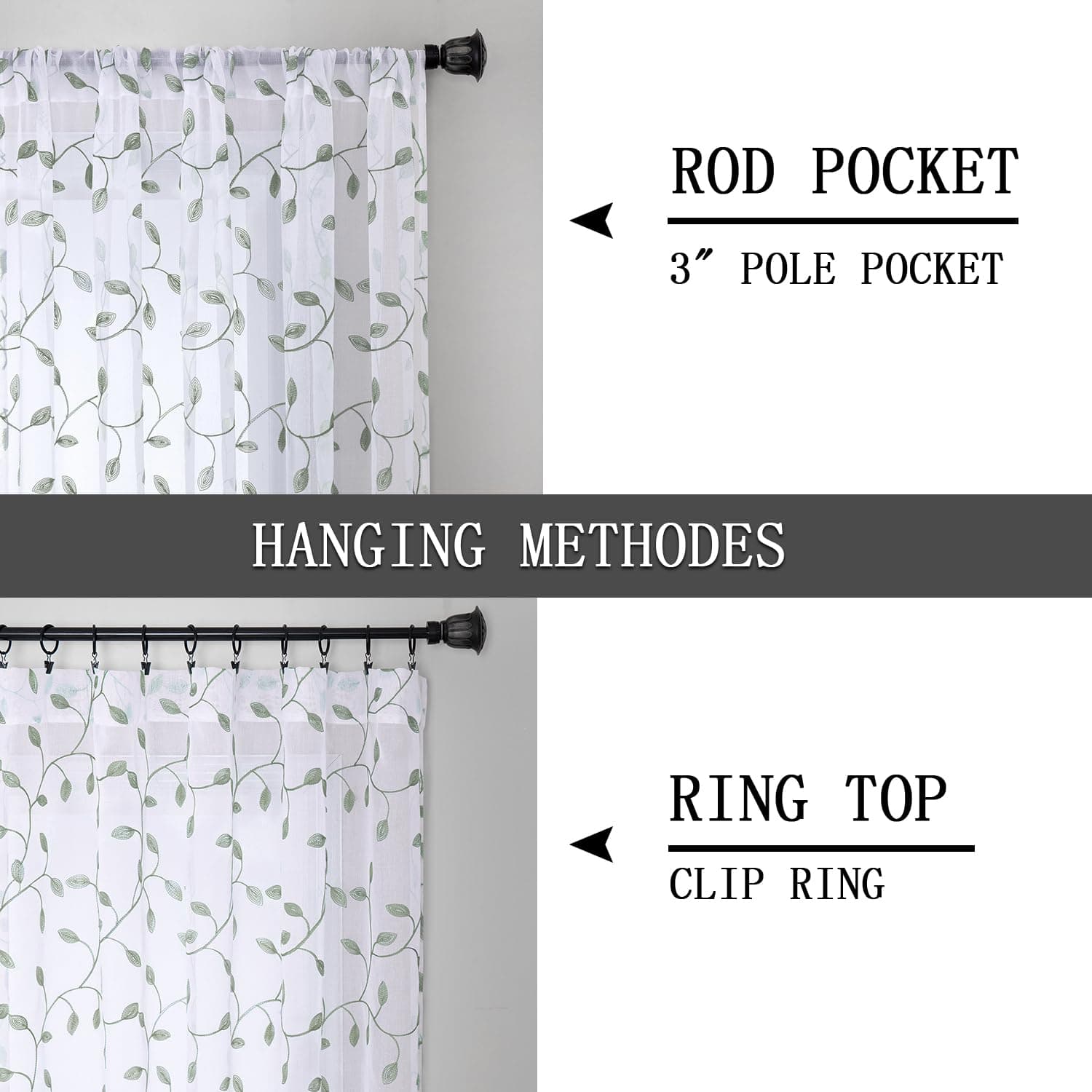 Tollpiz Leaves Sheer Curtain Sage Green Leaf Embroidery Bedroom Curtains Rod Poc - Thumbnail 5