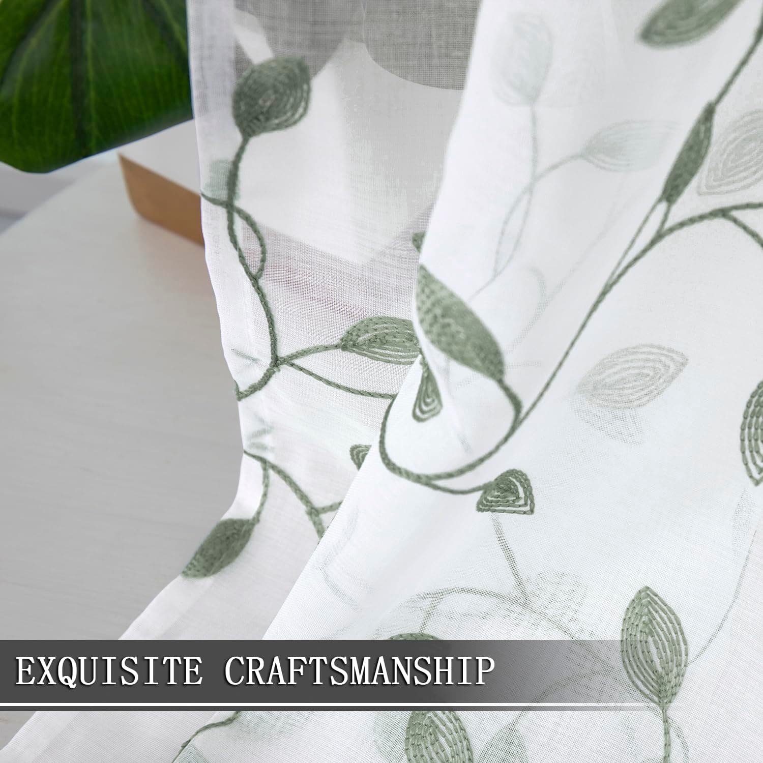 Tollpiz Leaves Sheer Curtain Sage Green Leaf Embroidery Bedroom Curtains Rod Poc - Thumbnail 6