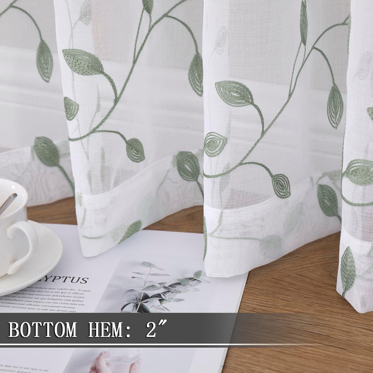 Tollpiz Leaves Sheer Curtain Sage Green Leaf Embroidery Bedroom Curtains Rod Poc - Thumbnail 4