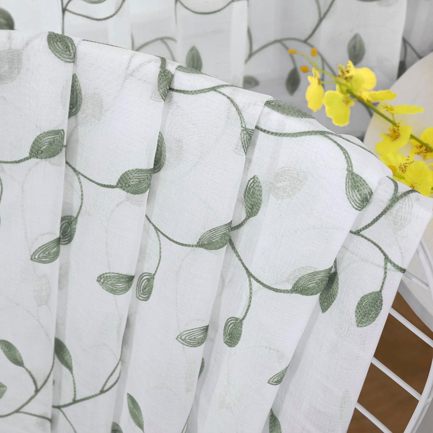 Tollpiz Leaves Sheer Curtain Sage Green Leaf Embroidery Bedroom Curtains Rod Poc - Thumbnail 7