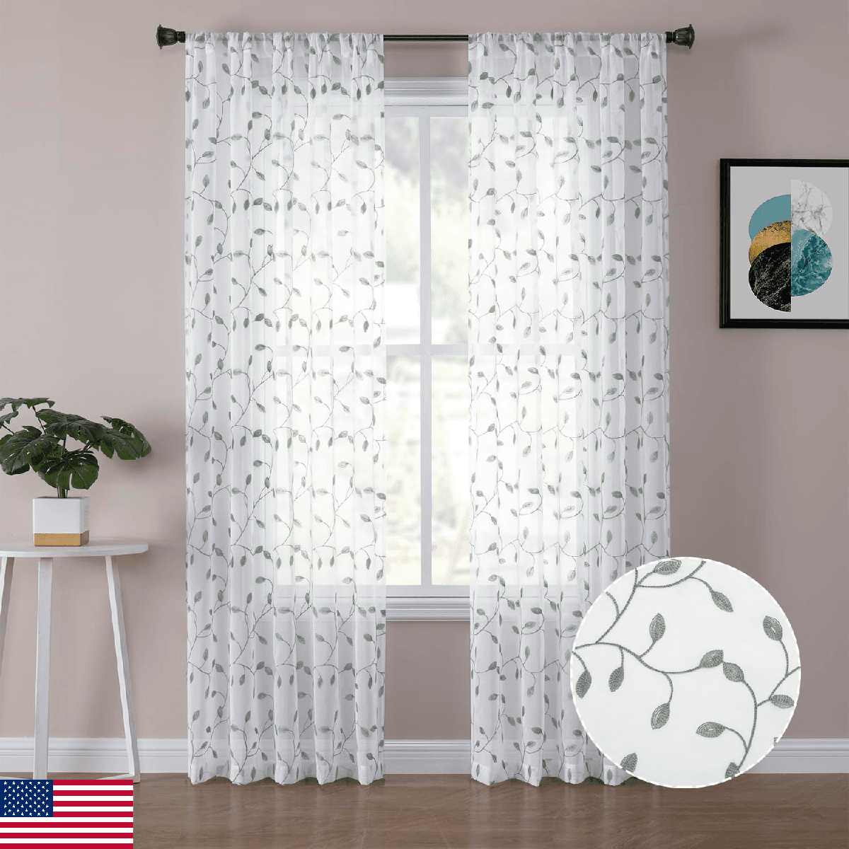 Tollpiz Leaves Sheer Curtain Sage Green Leaf Embroidery Bedroom Curtains Rod Poc - Image 1