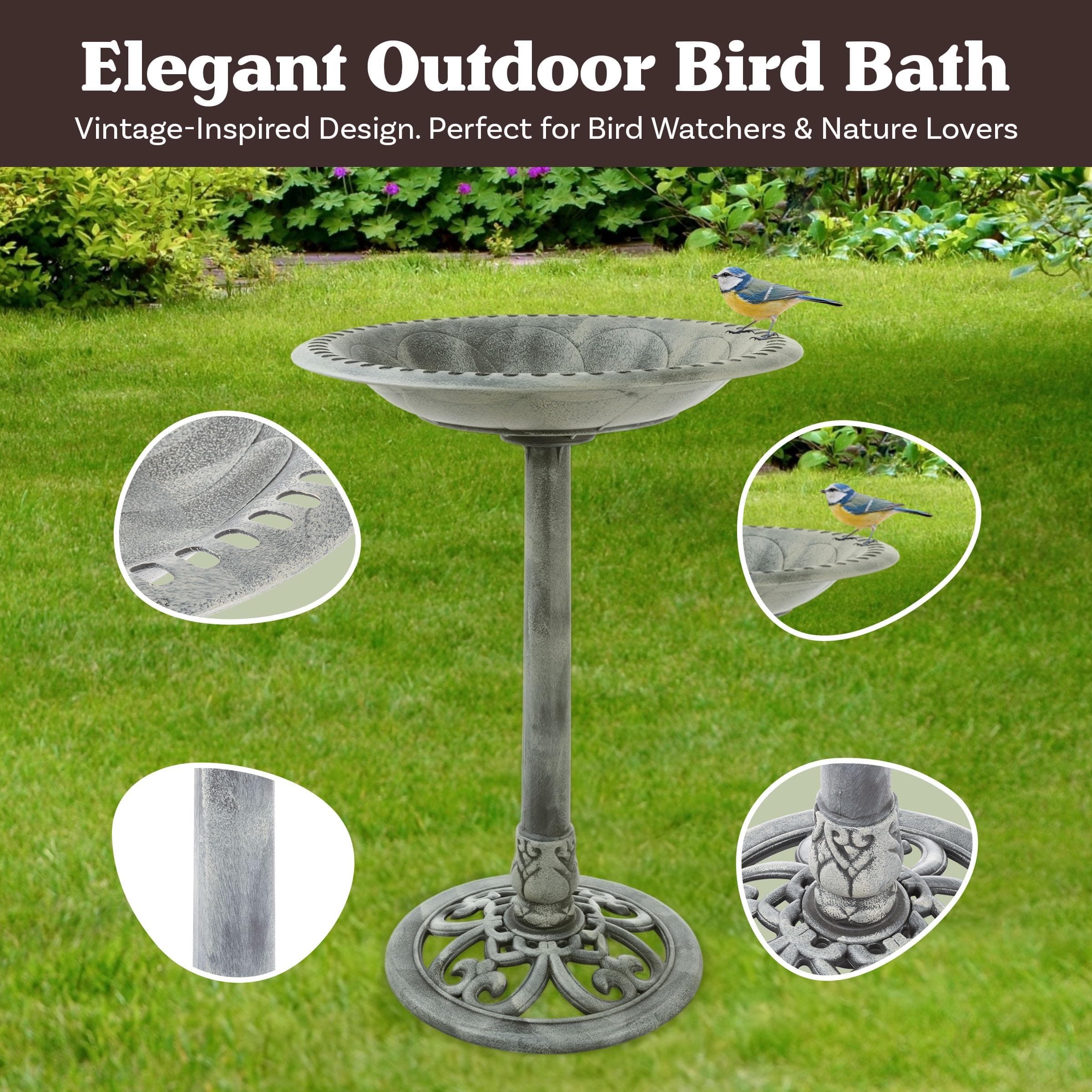 Outdoor Antique-Style Bird Bath - Weather-Resistant Polyresin Basin with Vintage - Thumbnail 2