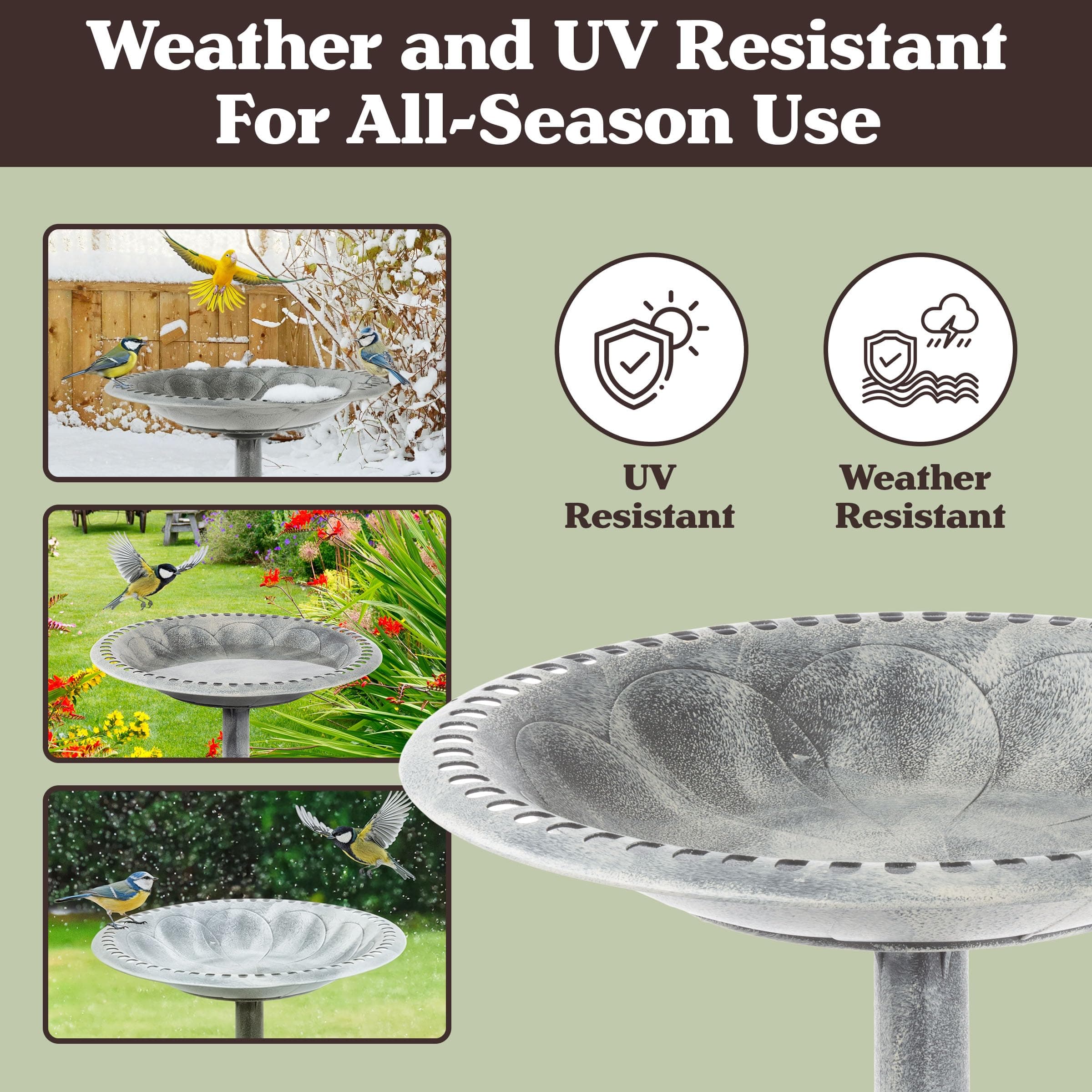 Outdoor Antique-Style Bird Bath - Weather-Resistant Polyresin Basin with Vintage - Thumbnail 4