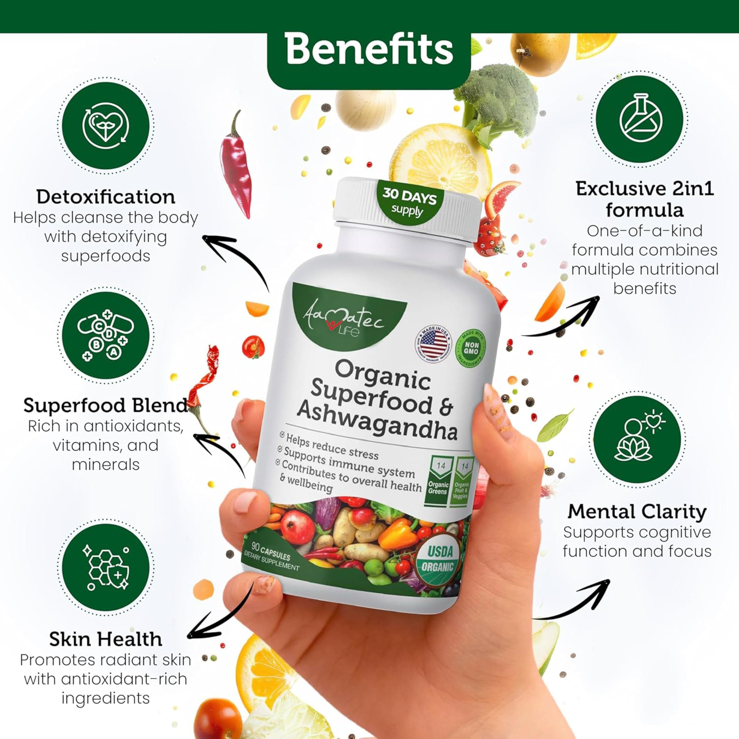 AAMATEC LIFE Organic Superfood Greens Fruits and Veggies Complex with Ashwagandh - Thumbnail 3