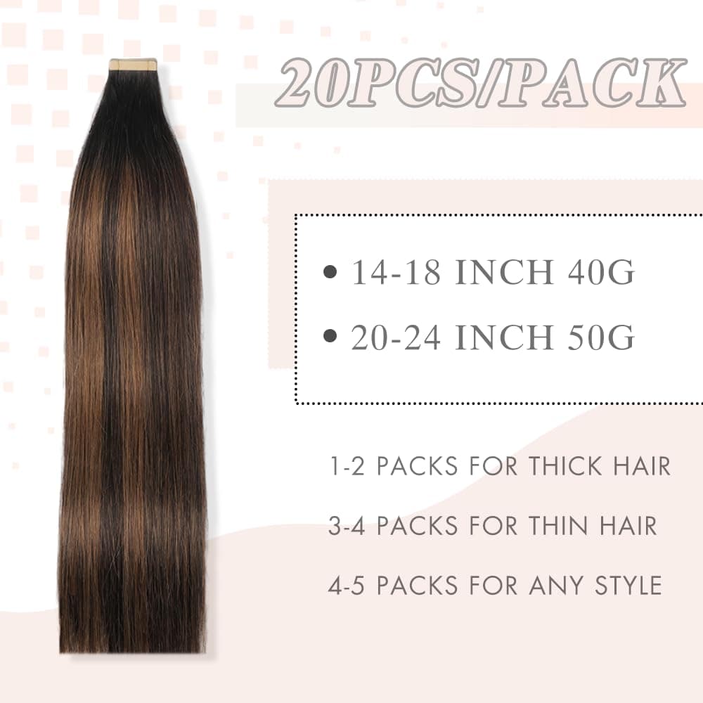 Human Hair Tape in Extensions Balayage Natural Black Chestnut Brown 14 Inch 20pc - Thumbnail 2