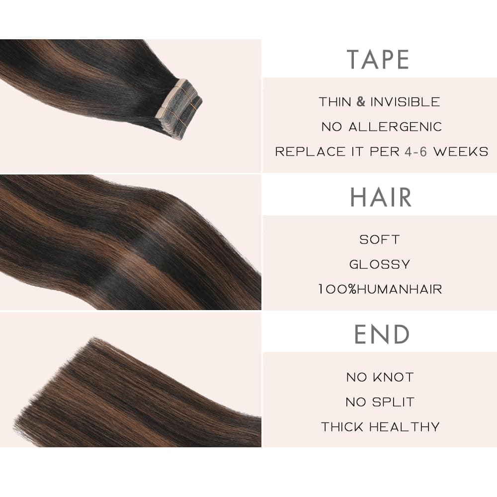 Human Hair Tape in Extensions Balayage Natural Black Chestnut Brown 14 Inch 20pc - Thumbnail 3
