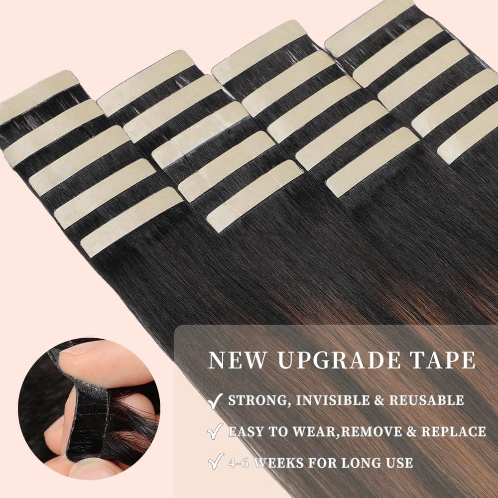 Human Hair Tape in Extensions Balayage Natural Black Chestnut Brown 14 Inch 20pc - Thumbnail 4