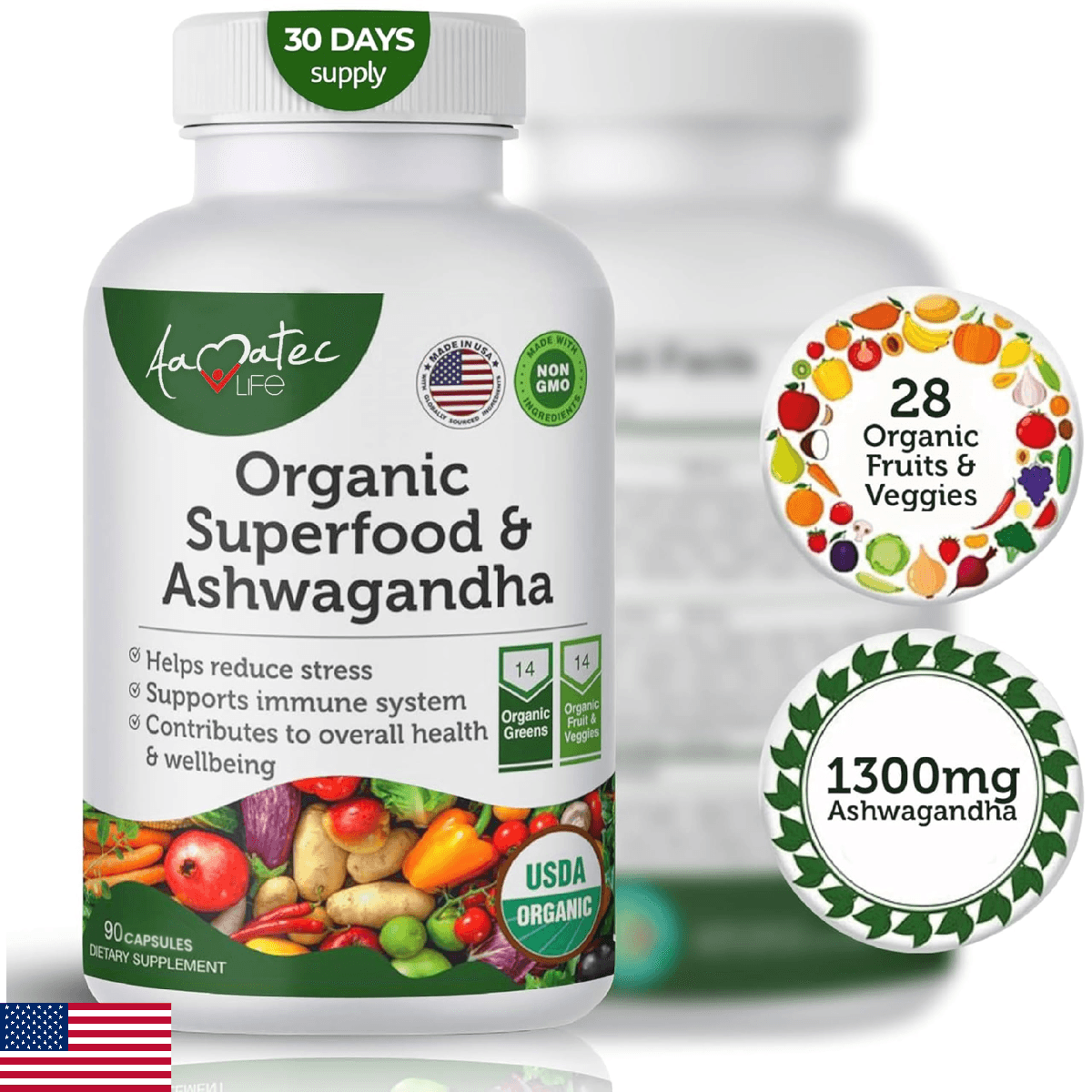 AAMATEC LIFE Organic Superfood Greens Fruits and Veggies Complex with Ashwagandh - Image 1