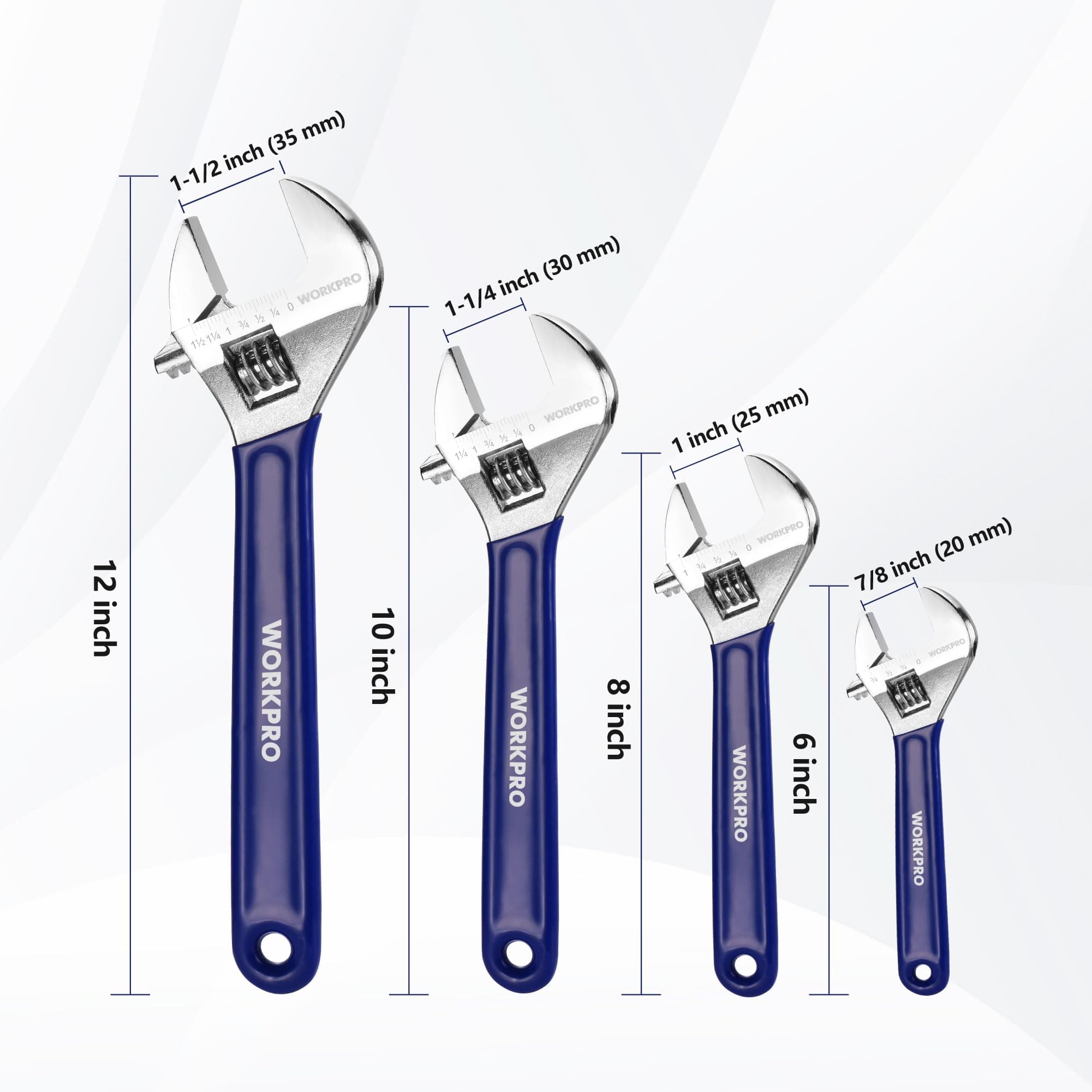 WORKPRO Adjustable Wrench Set, 6-inch, 8-inch, 10-inch, 12-inch Wide Jaw Wrenche - Thumbnail 3