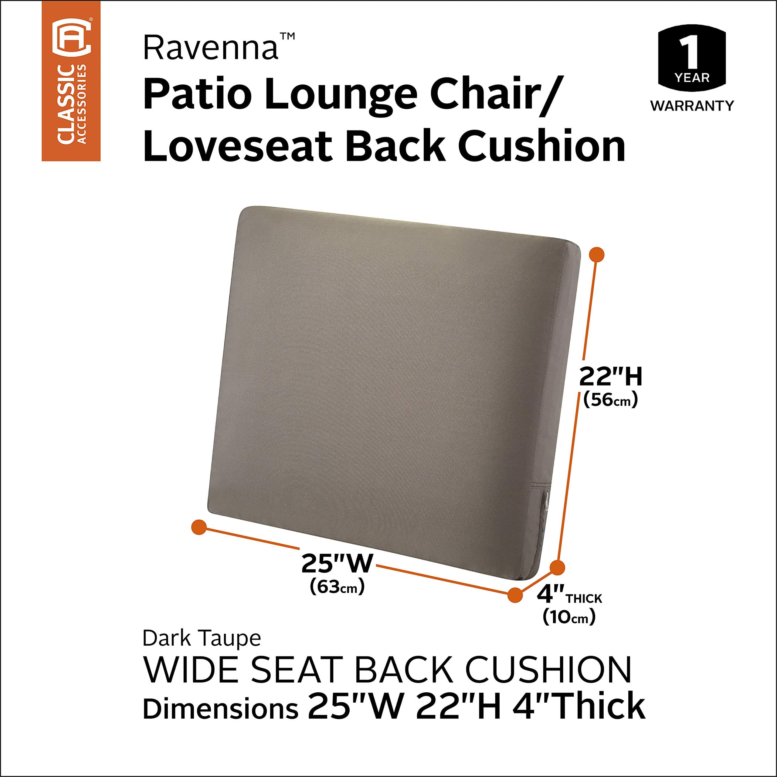 Classic Accessories 62-028-TAUPE-EC Ravenna Back Cushion, 25"W x 22"H x 4"T, Dar - Thumbnail 3