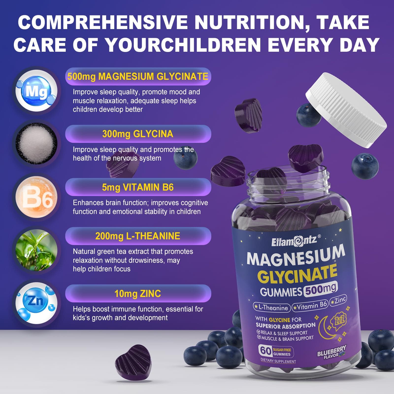 Magnesium Glycinate Gummies 500mg/250mg for Adults Kids Teens, Sugar Free Magnes - Thumbnail 6