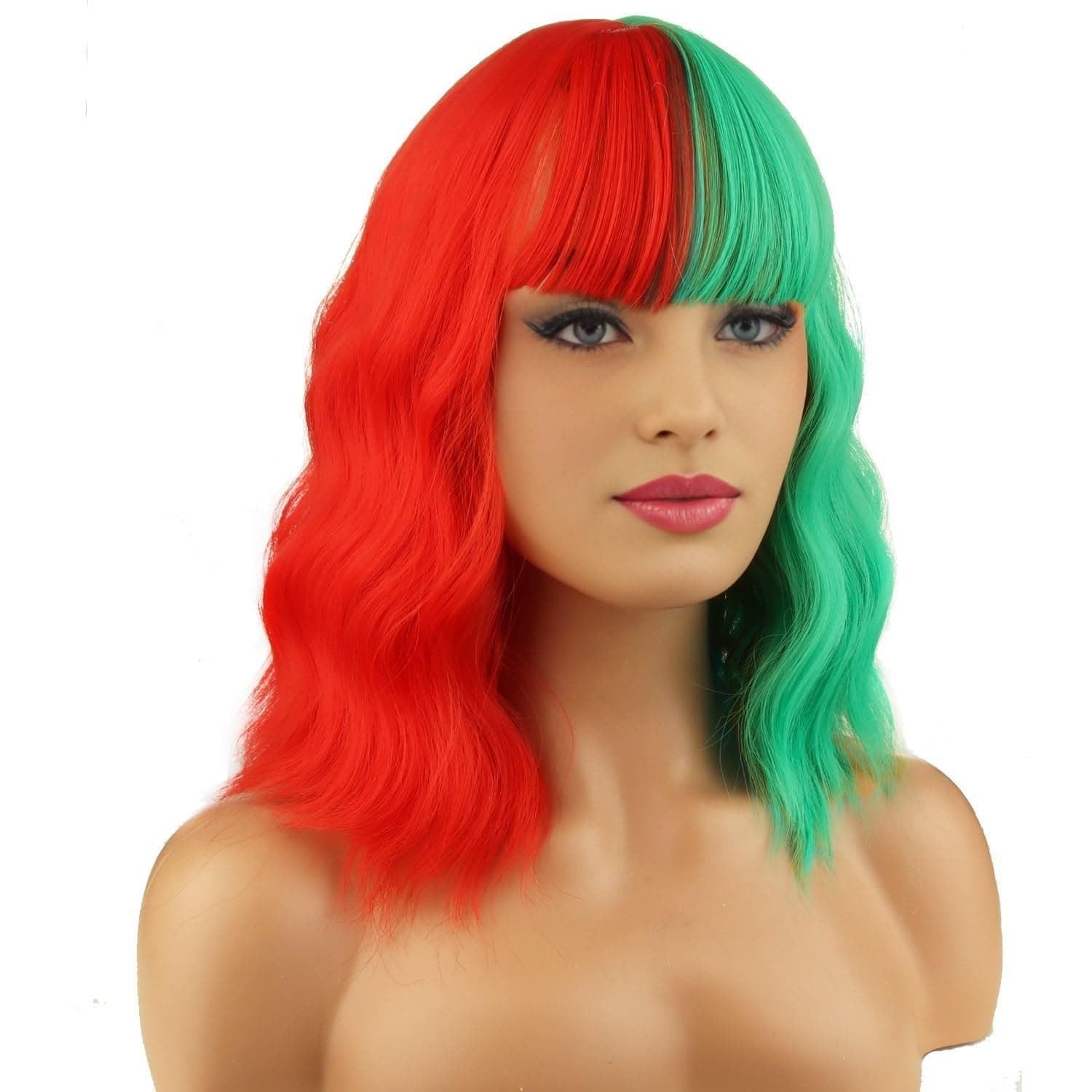 BERON 14 Inches Half Red Half Green Wig with Bangs Short Wavy Wig Green Red Wigs - Thumbnail 3