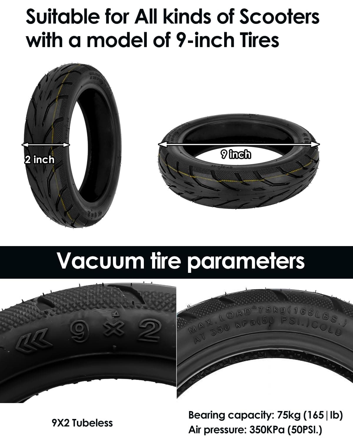 50/75-6.1 Scooter Tire, 9X2 Built-in Live Glue Repairable Puncture-resistant Sel - Thumbnail 5
