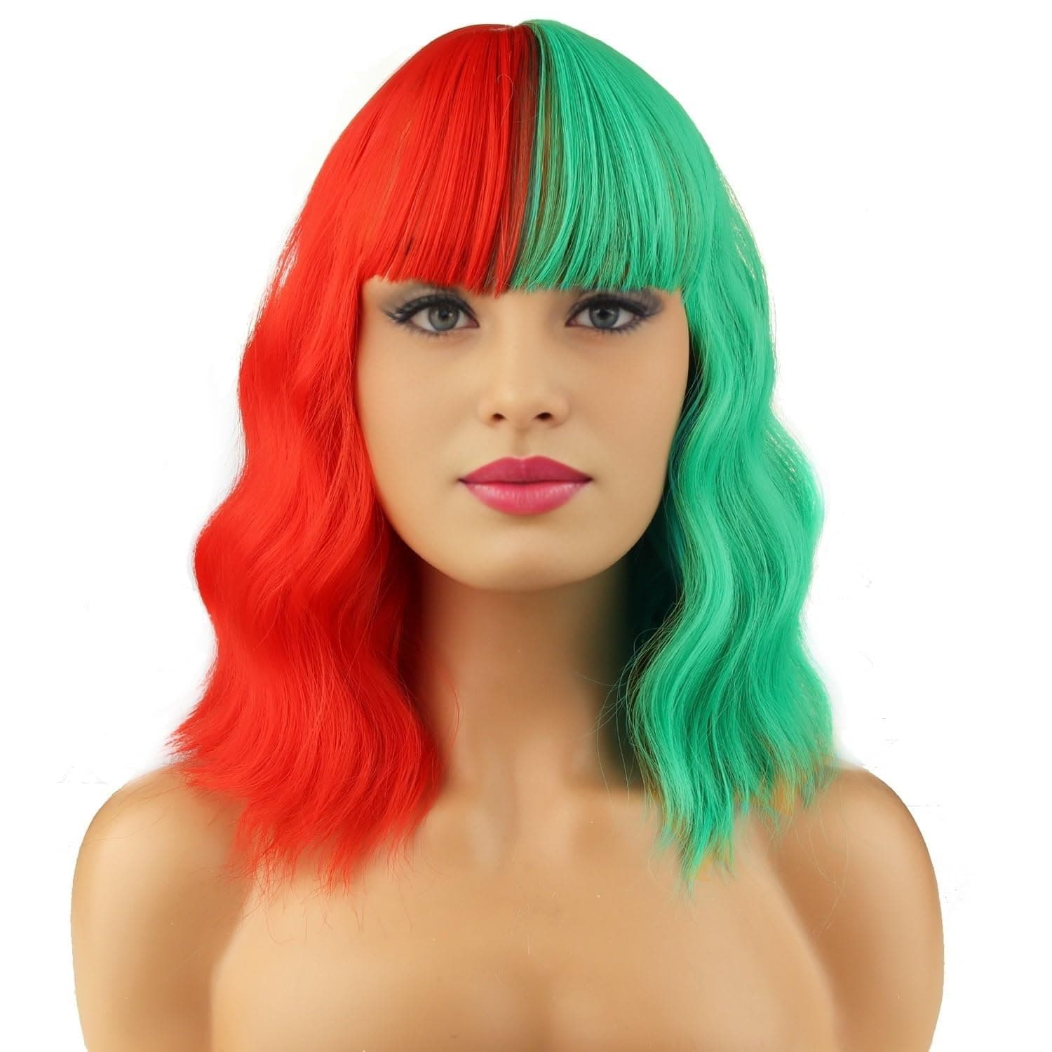 BERON 14 Inches Half Red Half Green Wig with Bangs Short Wavy Wig Green Red Wigs - Thumbnail 2