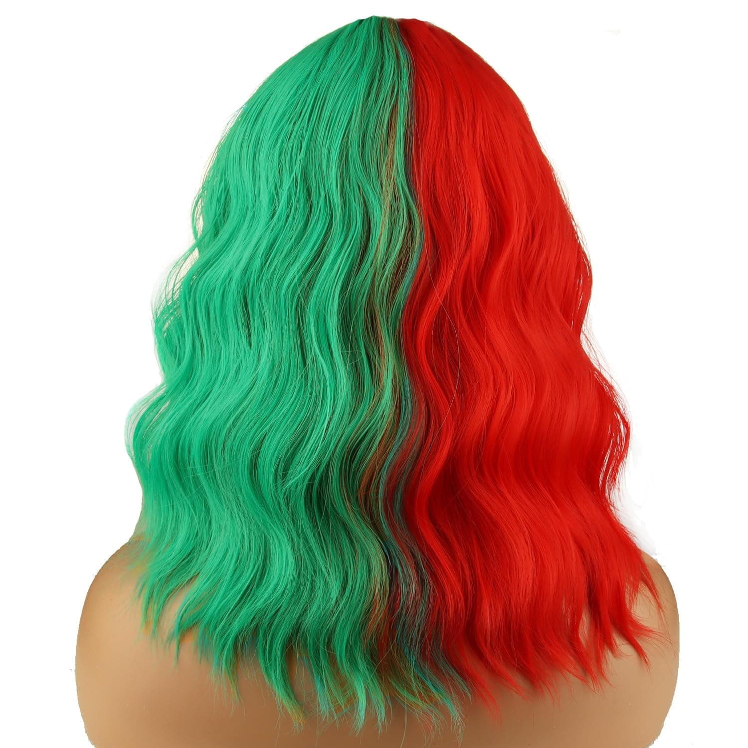 BERON 14 Inches Half Red Half Green Wig with Bangs Short Wavy Wig Green Red Wigs - Thumbnail 4