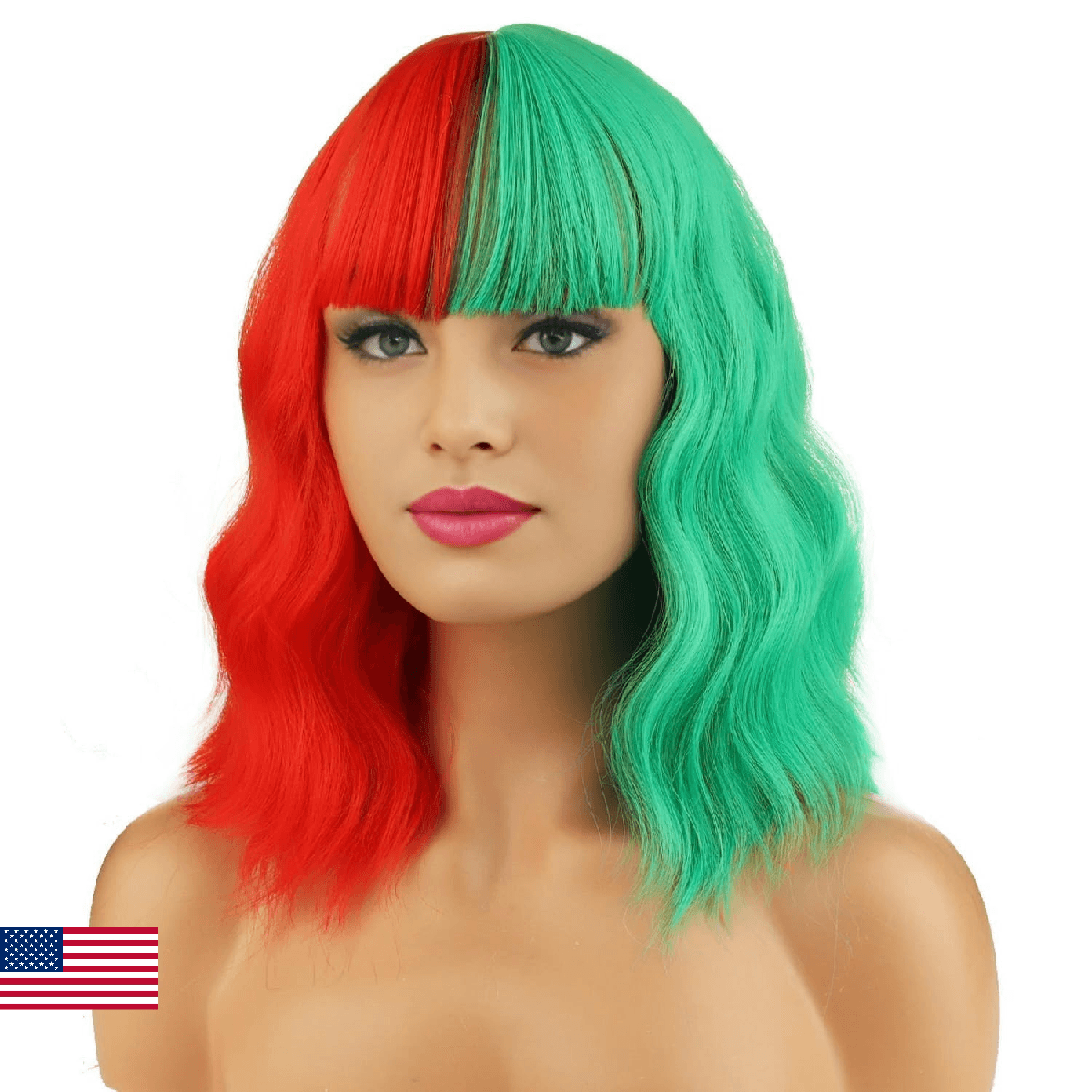 BERON 14 Inches Half Red Half Green Wig with Bangs Short Wavy Wig Green Red Wigs - Image 1