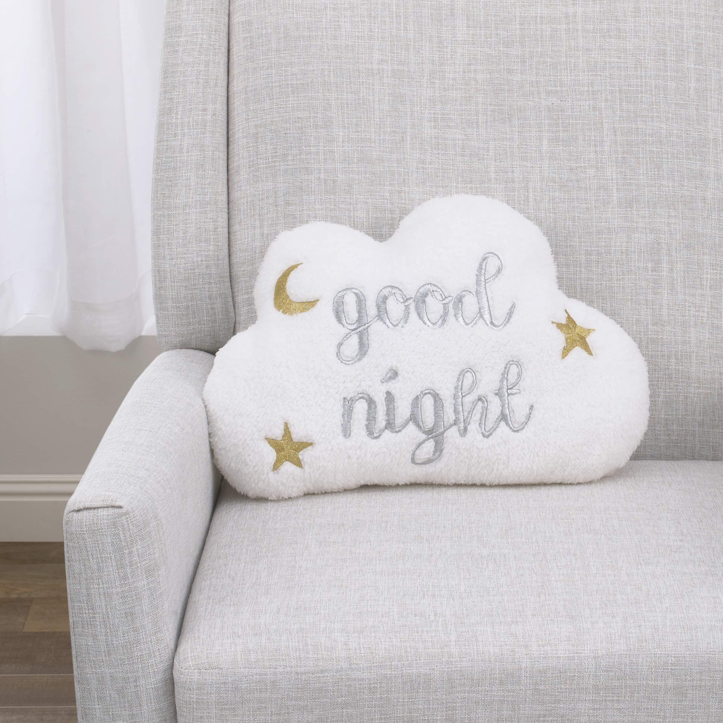 NoJo White Cloud with Gold & Silver Embroidery "Good Night" Decorative Pillow wi - Thumbnail 3