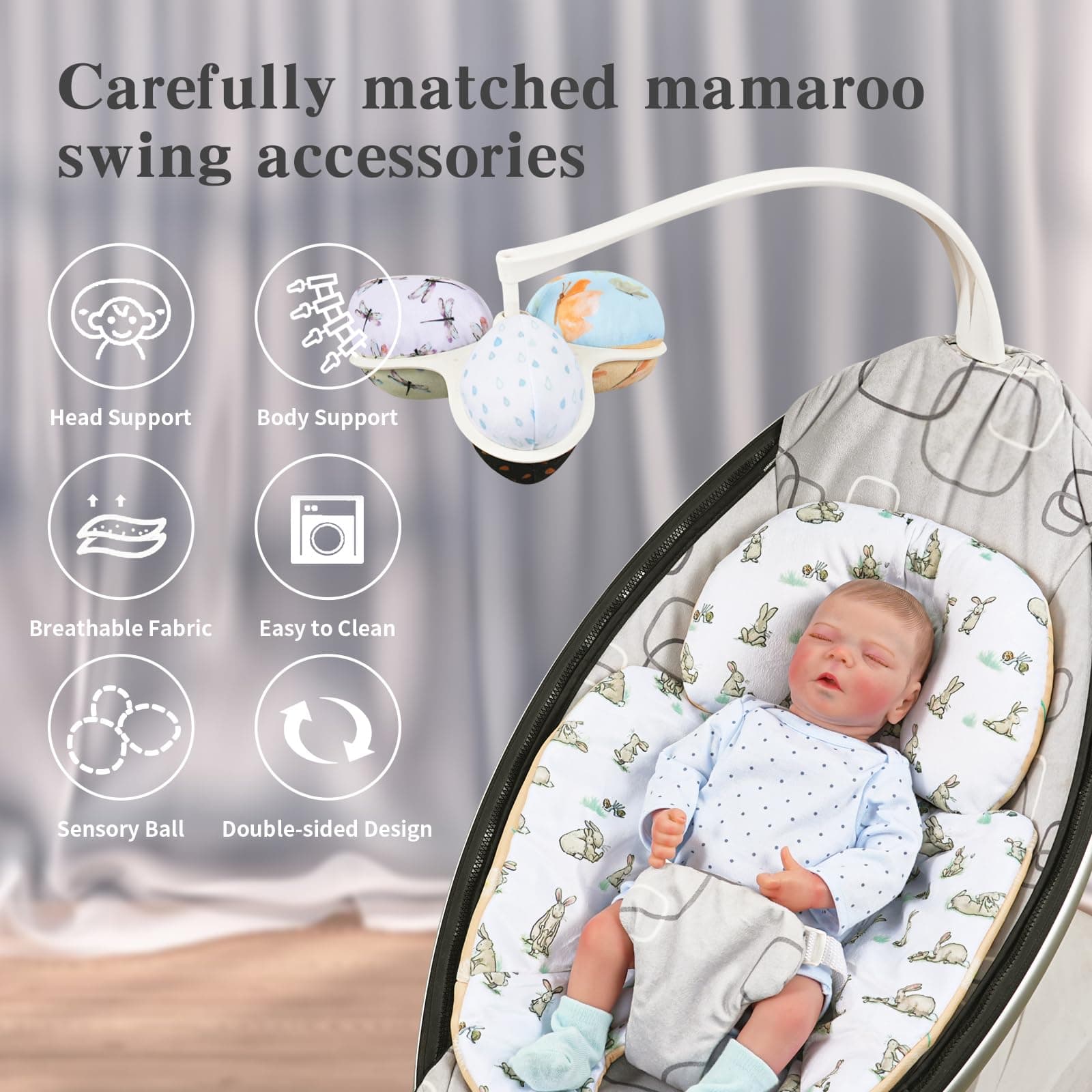 FSINWV Newborn Insert and 3Pcs Replacement Toy Balls for Mamaroo, Breathable Rev - Thumbnail 4