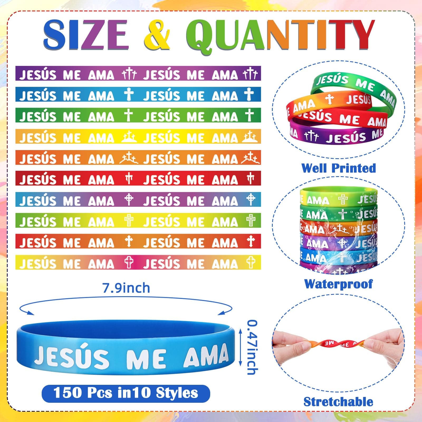 PullCrease 150 Pcs Spanish Jesus Loves Me Wristbands Bulk 10 Styles Rainbow Jesu - Thumbnail 2