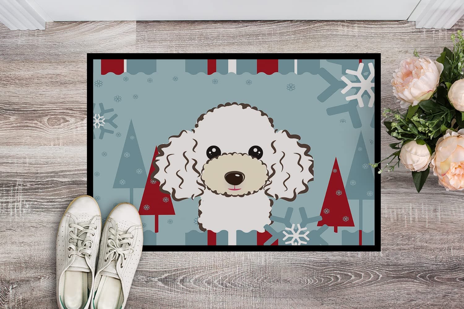 Caroline's Treasures BB1753JMAT Winter Holiday White Poodle Doormat 24x36 Front - Thumbnail 2