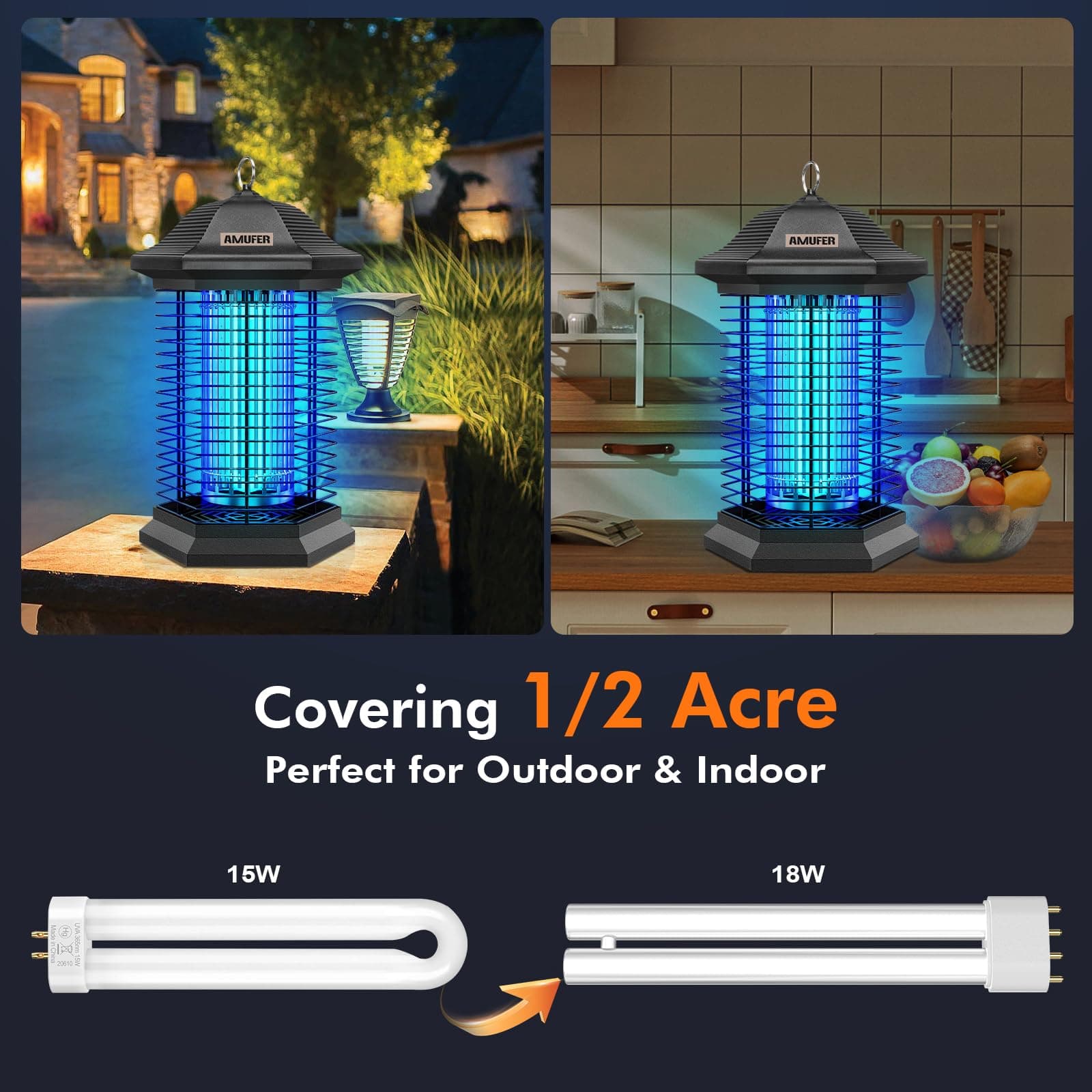 AMUFER Bug Zapper Outdoor Indoor 18W 4400V Electric Mosquito Fly Insect Killer - Thumbnail 2