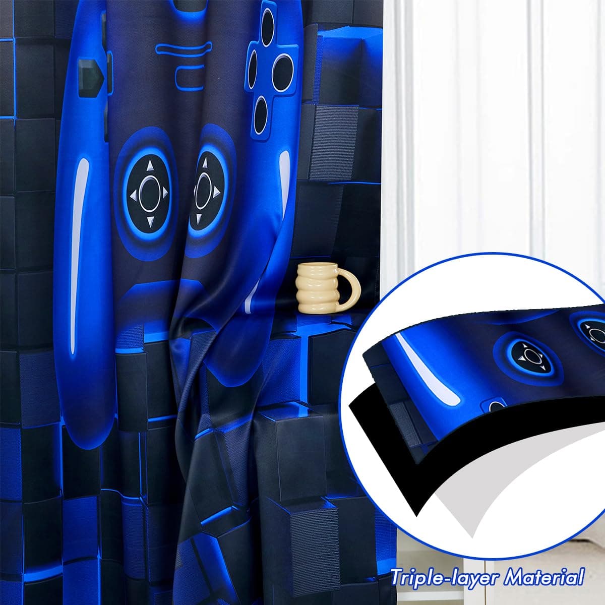 PERFEMET Game Controller Kids Curtains for Bedroom 2 Panels-Black Blue Video Gam - Thumbnail 4