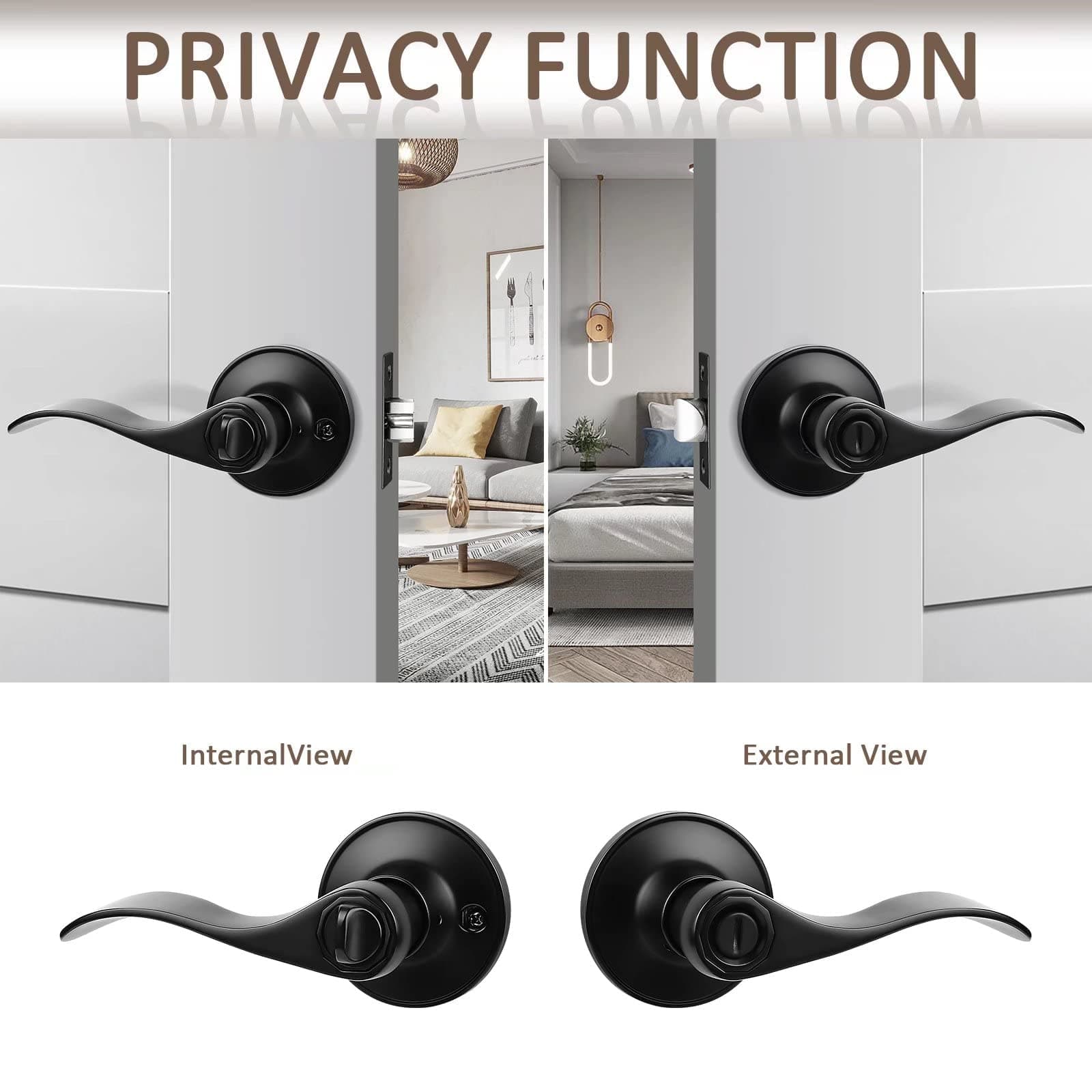 Probrico 1 Pack Privacy Door Lever Locking Black Door Handle Set for Bathroom Be - Thumbnail 5