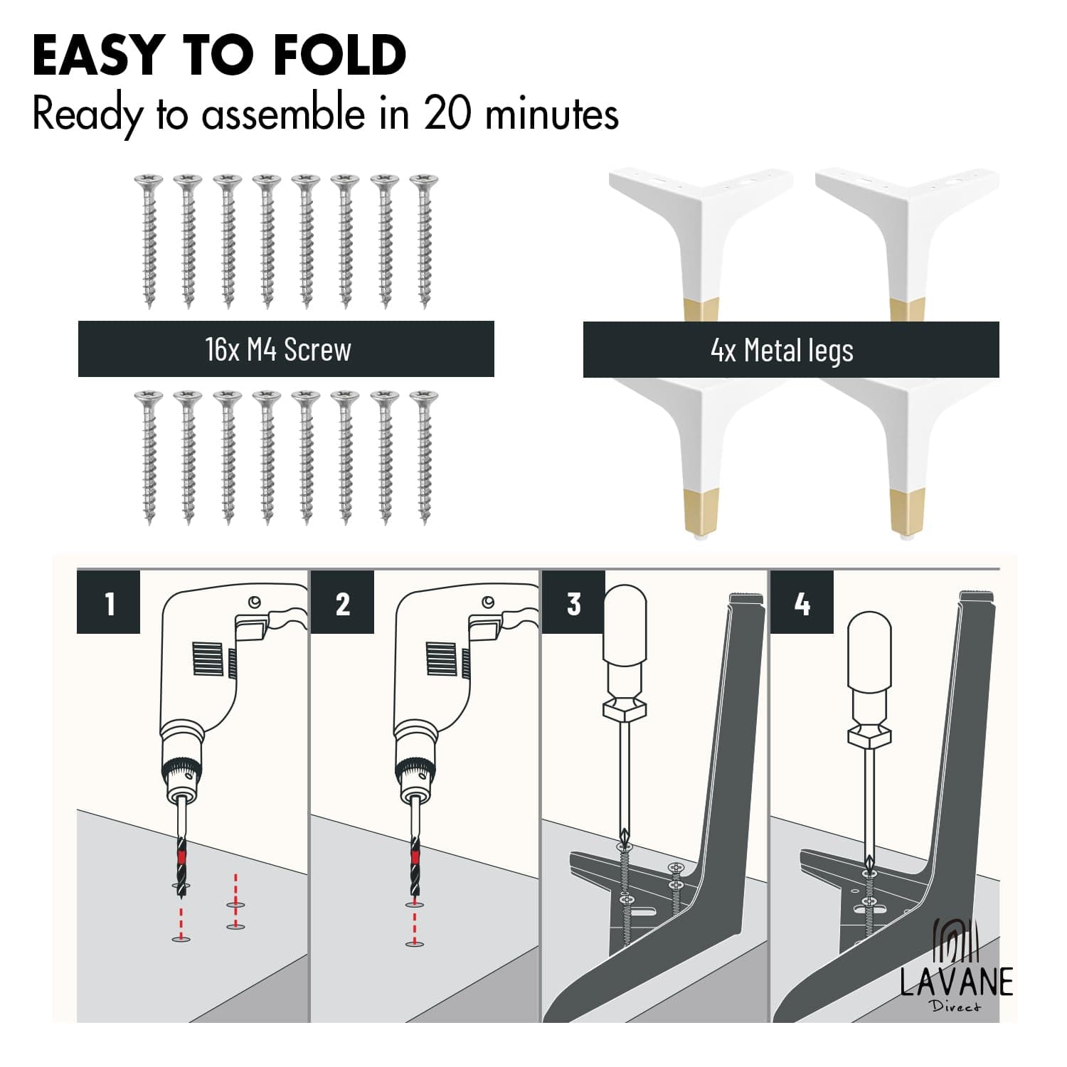 La Vane 7 Inch Metal Furniture Legs, Set of 4 - Modern Diamond Triangle White/Go - Thumbnail 6