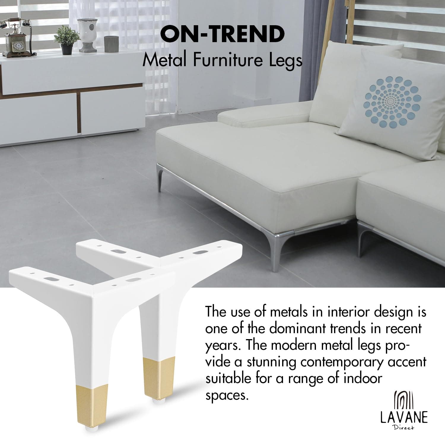 La Vane 7 Inch Metal Furniture Legs, Set of 4 - Modern Diamond Triangle White/Go - Thumbnail 2