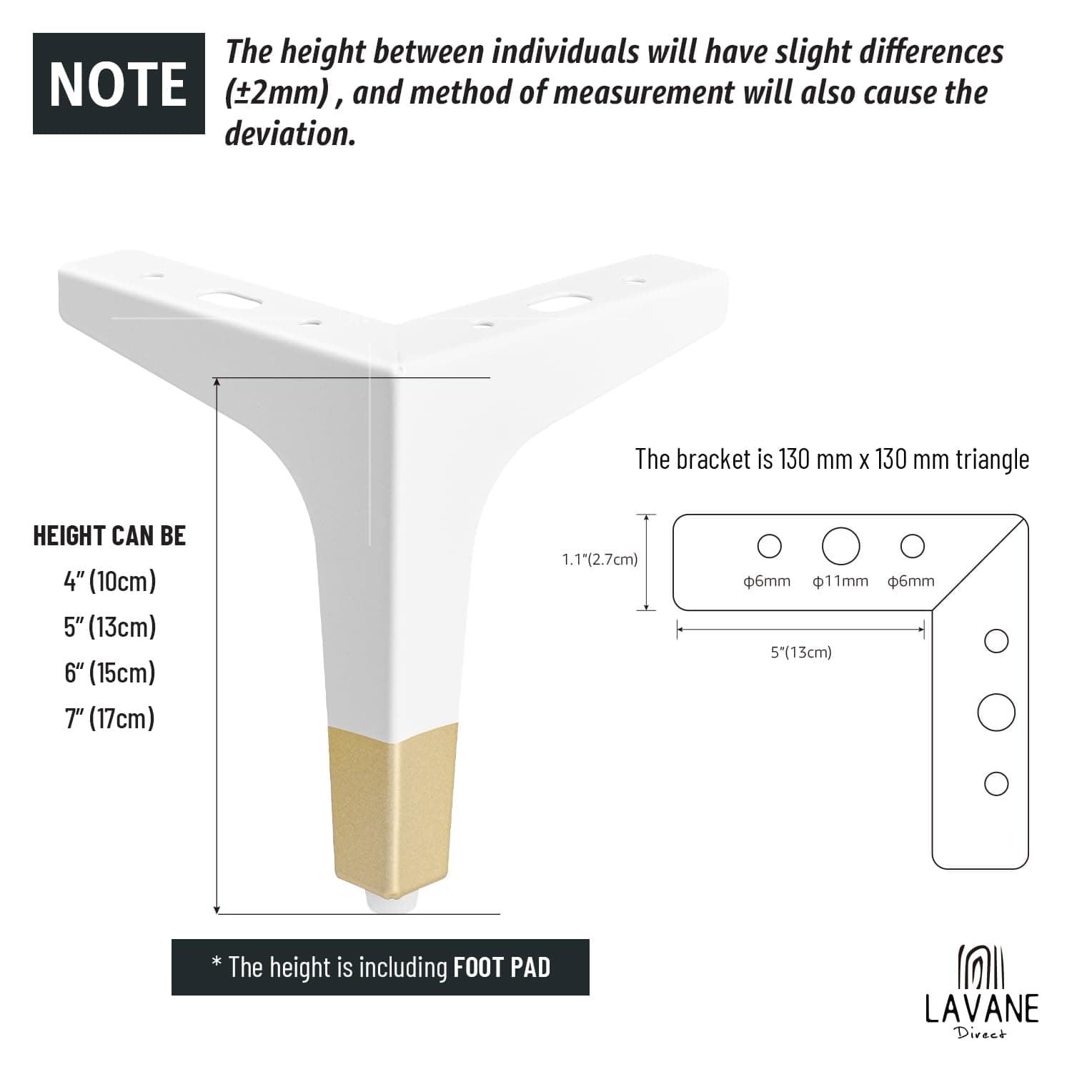 La Vane 7 Inch Metal Furniture Legs, Set of 4 - Modern Diamond Triangle White/Go - Thumbnail 5