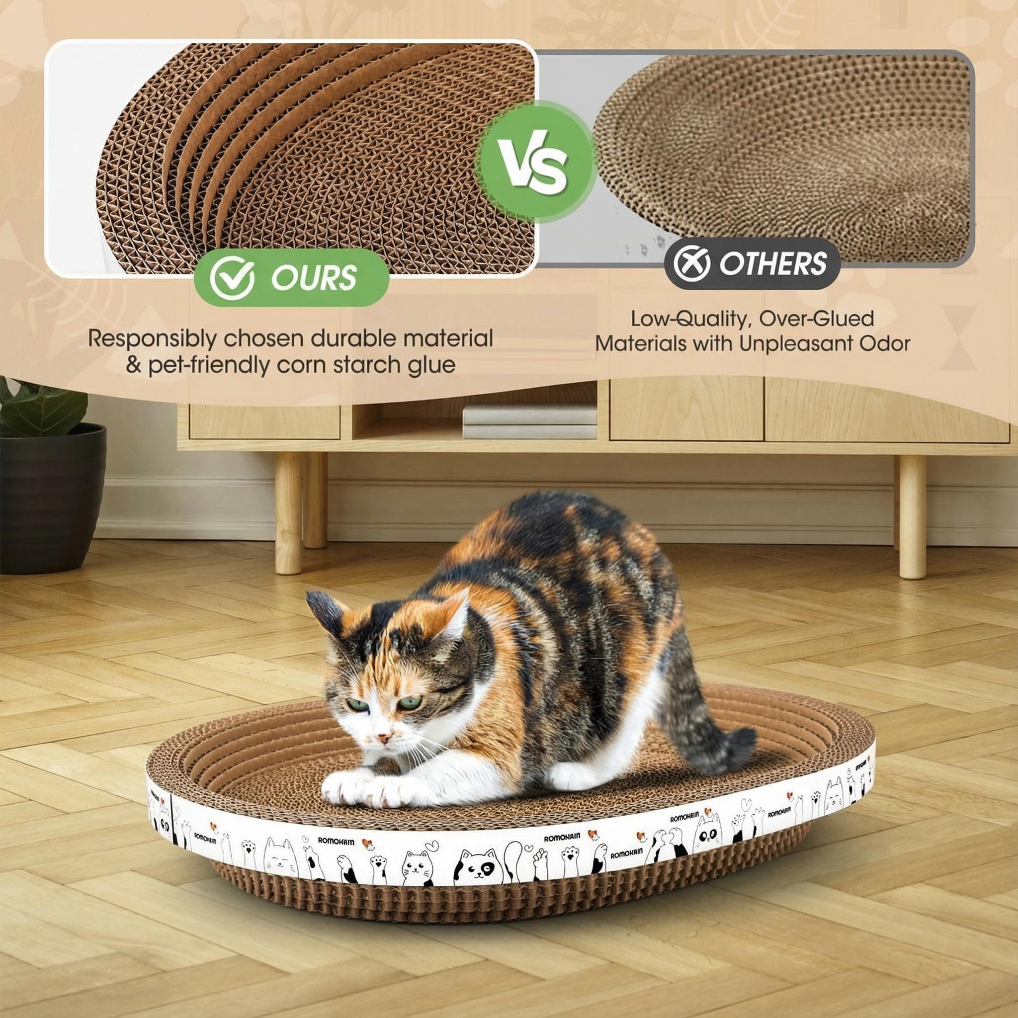 Romohom 3 Pack Oval Cardboard Cat Scratcher & Lounger Bed, High-Density Cat Scra - Thumbnail 4