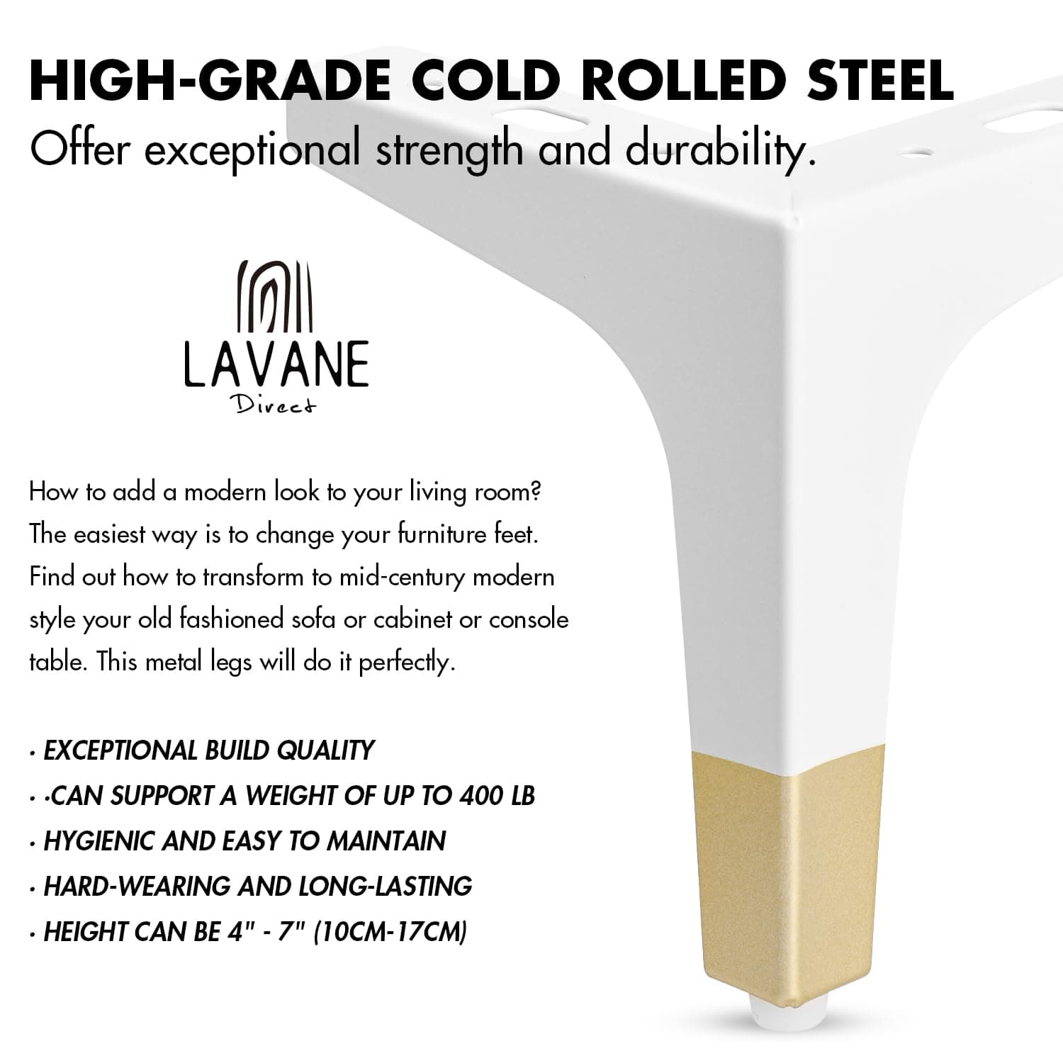 La Vane 7 Inch Metal Furniture Legs, Set of 4 - Modern Diamond Triangle White/Go - Thumbnail 3