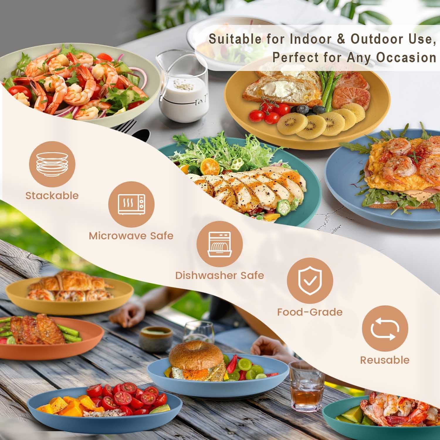 Homienly Wheat Straw Plates, 12-Pieces Unbreakable Dinner Plates - 9 Inch Altern - Thumbnail 6