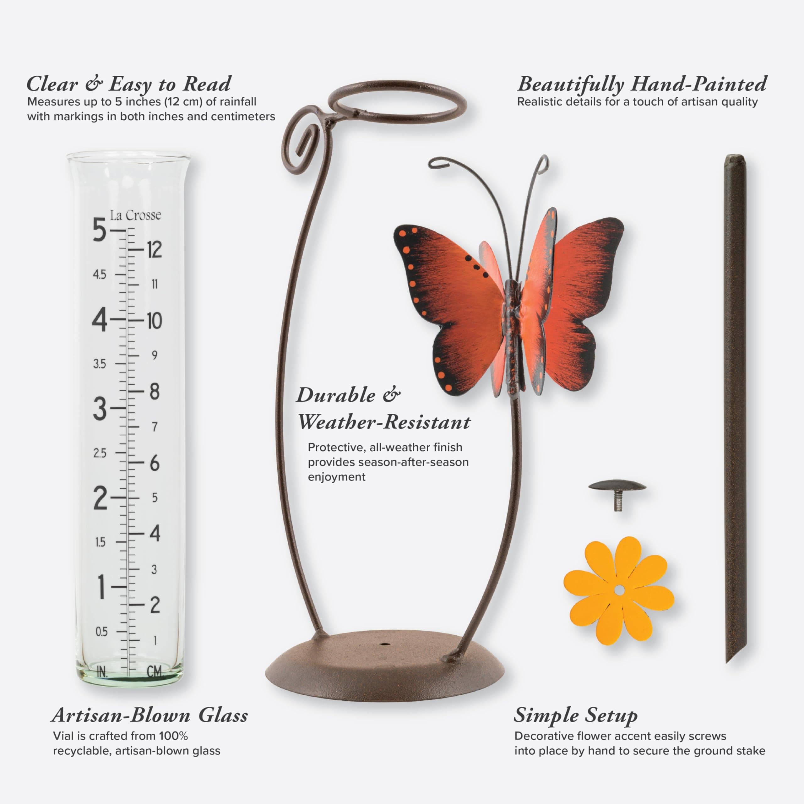 La Crosse 704-13077-INT 5 inch Capacity Glass Orange Butterfly Rain Gauge - Thumbnail 5