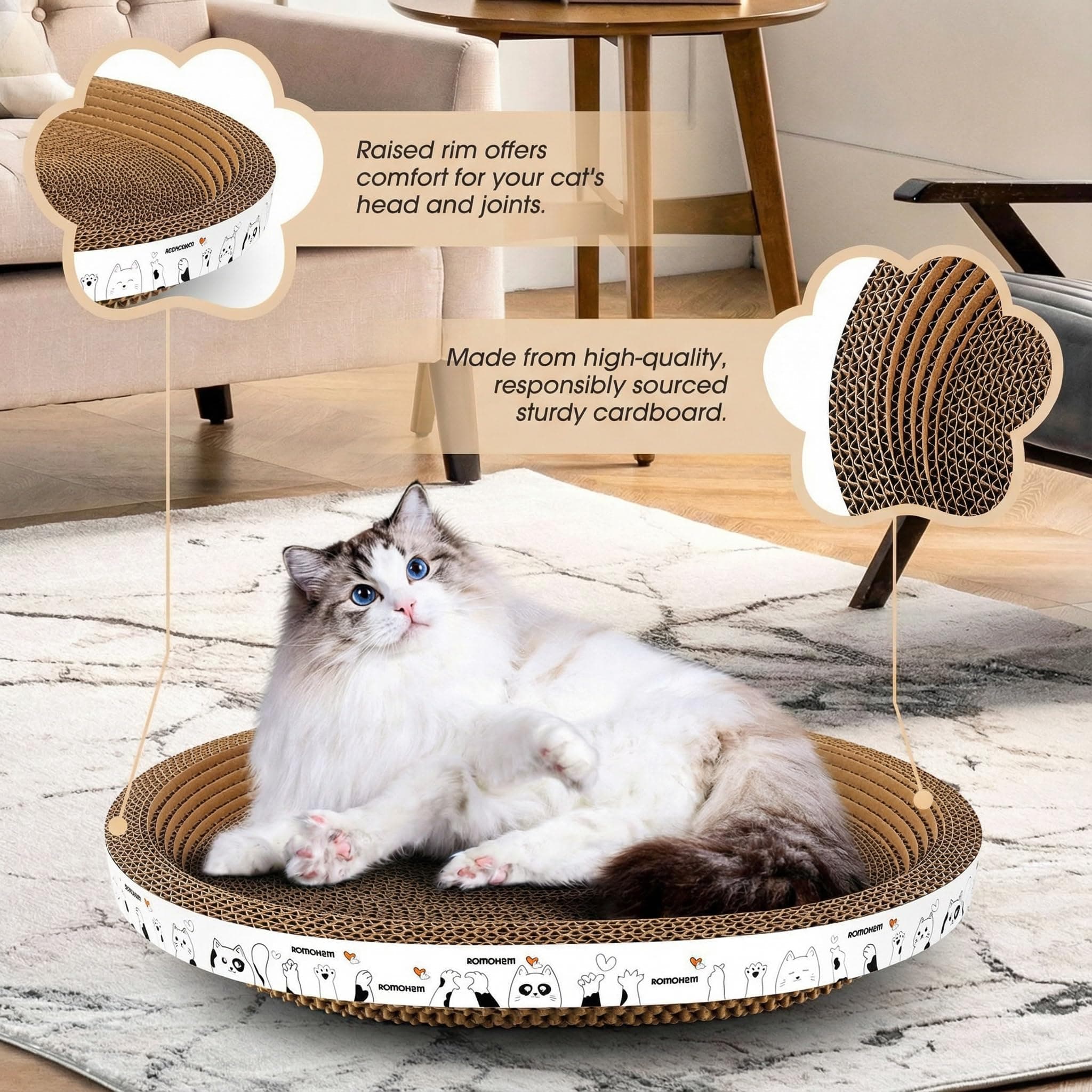 Romohom 3 Pack Oval Cardboard Cat Scratcher & Lounger Bed, High-Density Cat Scra - Thumbnail 2
