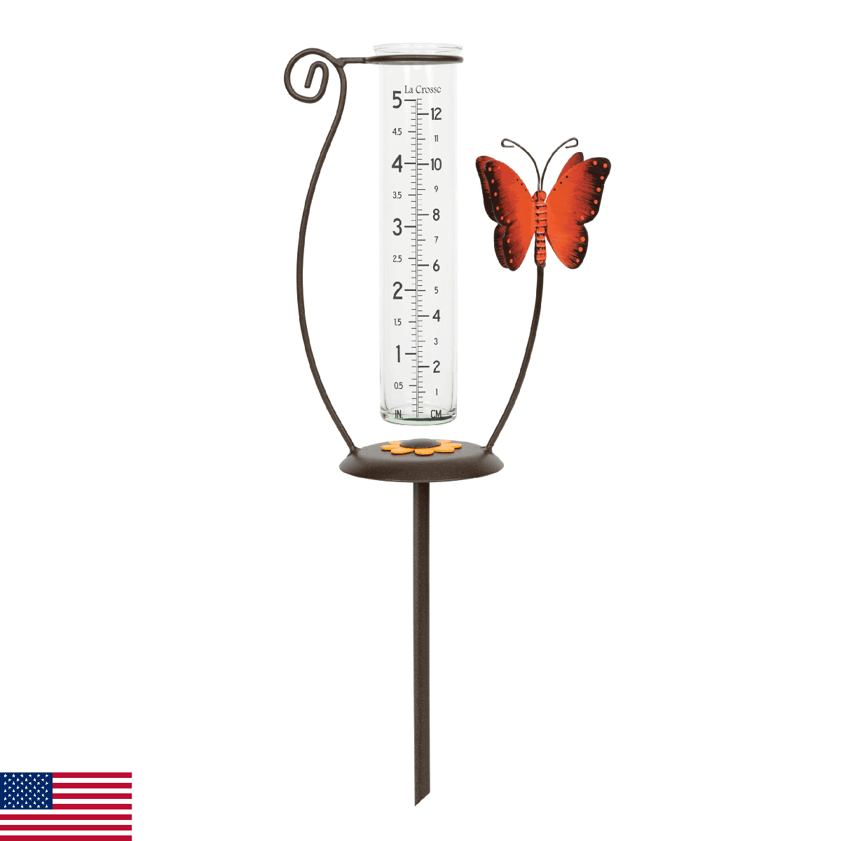 La Crosse 704-13077-INT 5 inch Capacity Glass Orange Butterfly Rain Gauge - Image 1