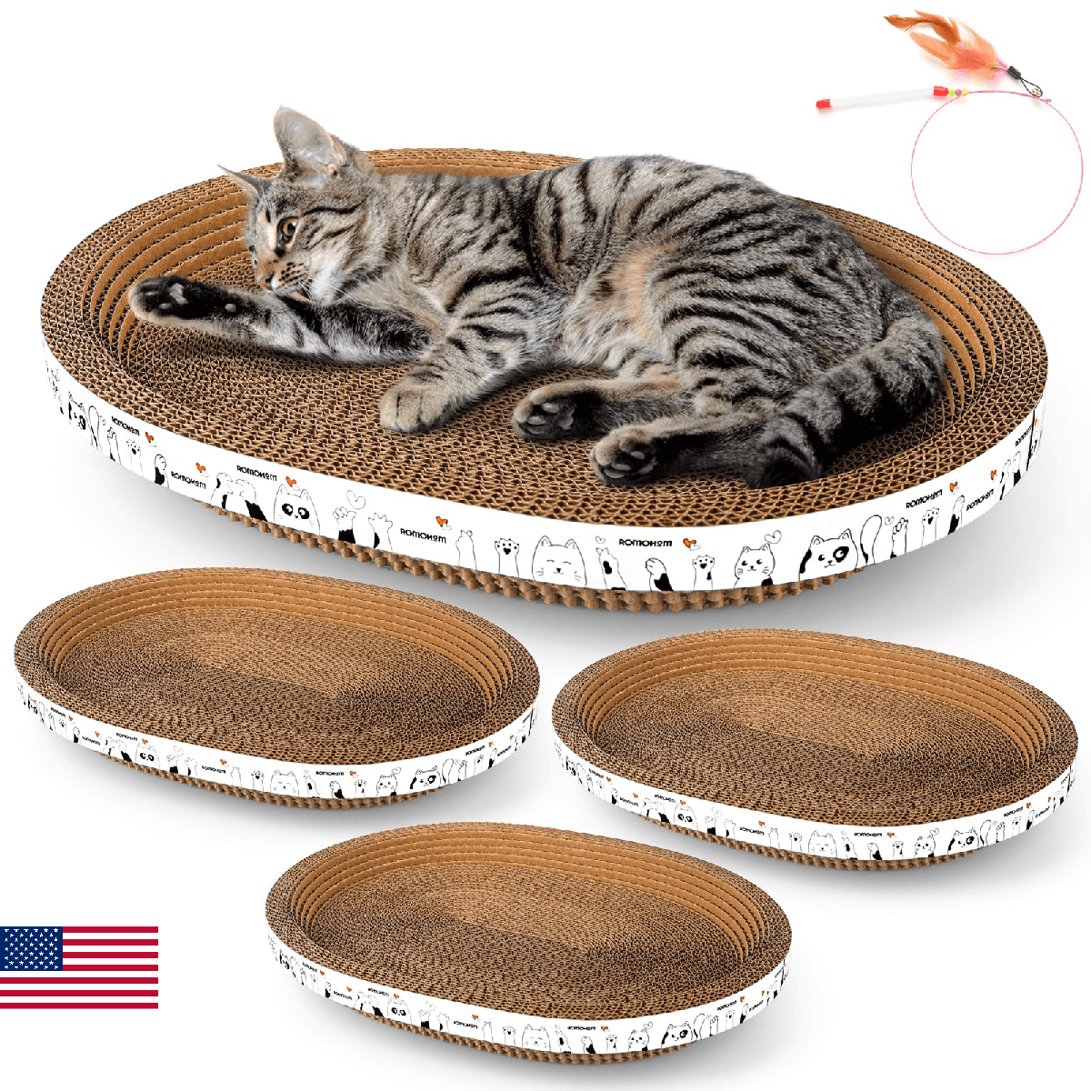 Romohom 3 Pack Oval Cardboard Cat Scratcher & Lounger Bed, High-Density Cat Scra - Image 1