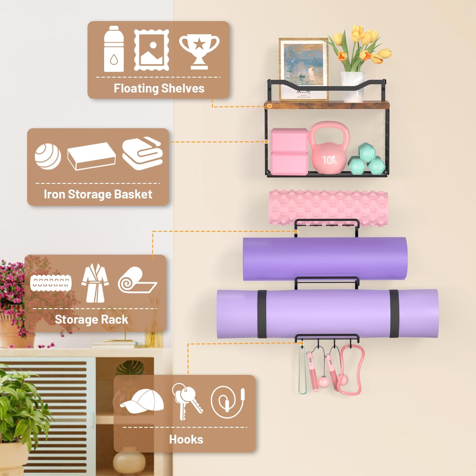 Yoga Mat Holder Wall Mount, Yoga Accessory Mats Storage Rack, Home Gym Accessori - Thumbnail 4