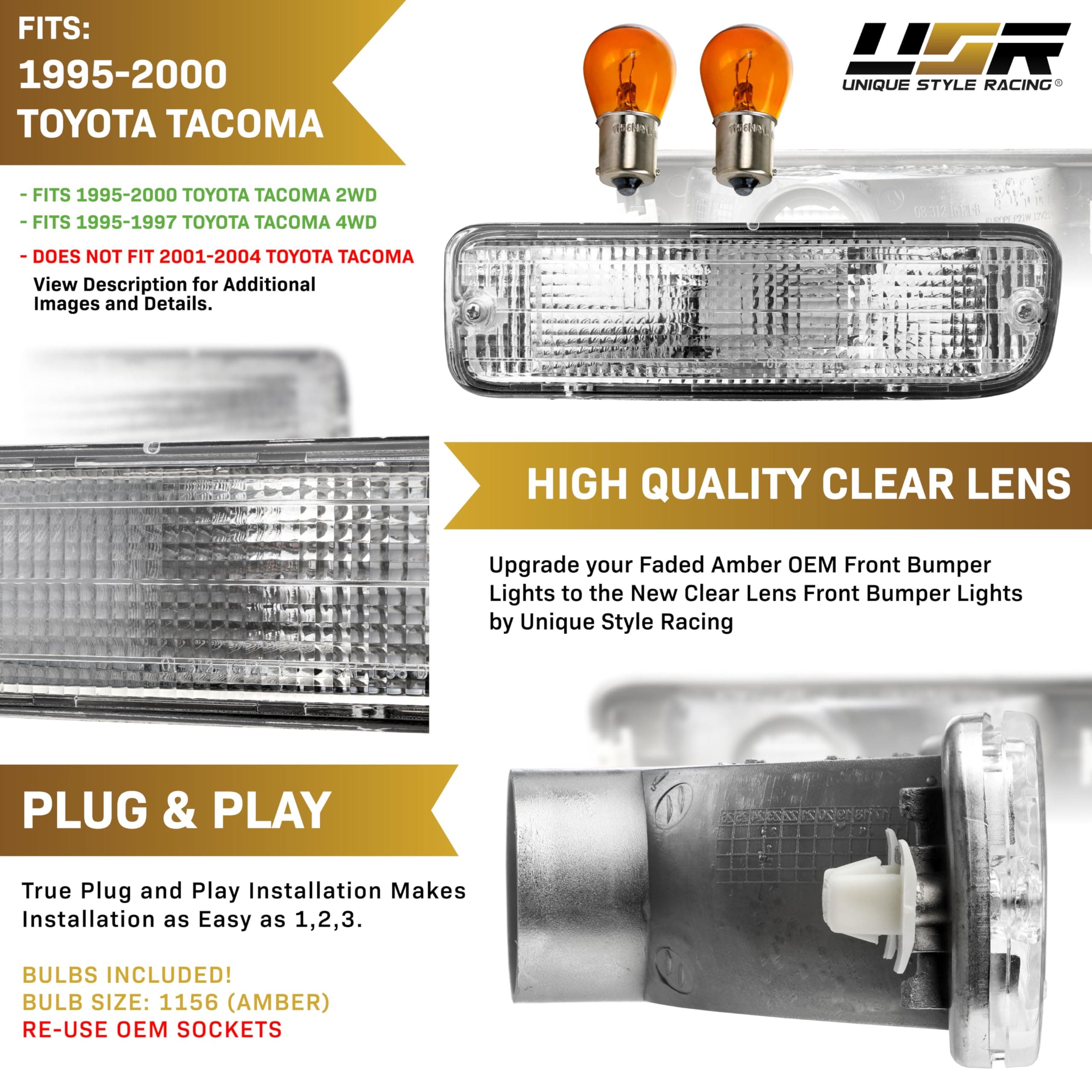 USR 95-00 Tacoma Bumper Light Pair Front Turn Signal Lamps Left Right Compatible - Thumbnail 4