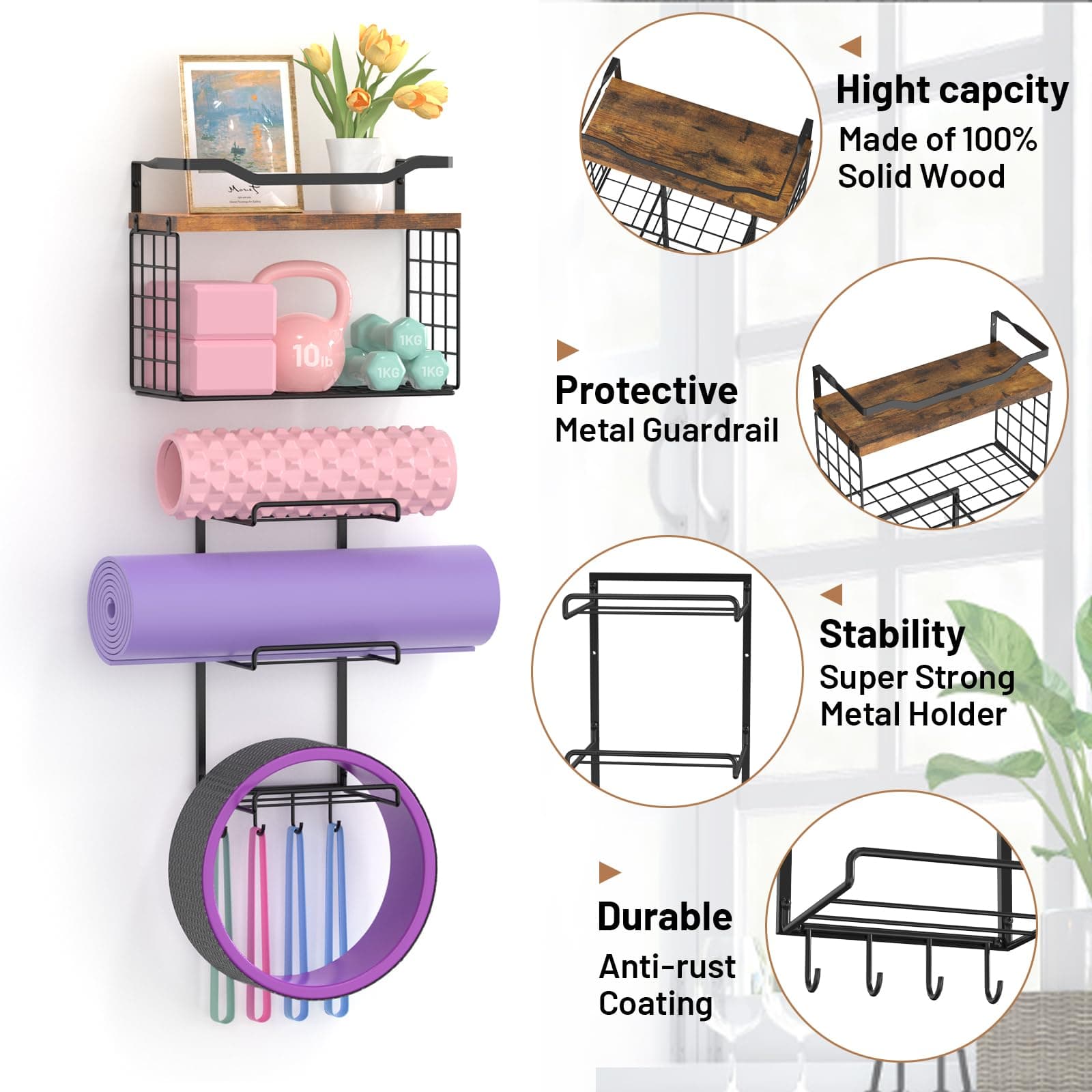 Yoga Mat Holder Wall Mount, Yoga Accessory Mats Storage Rack, Home Gym Accessori - Thumbnail 3