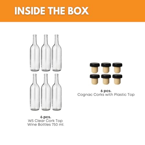 FastRack 750 ml Clear Wine Bottles with 6 Cognac Corks w/Plastic Tops (Pack of 6 - Thumbnail 2