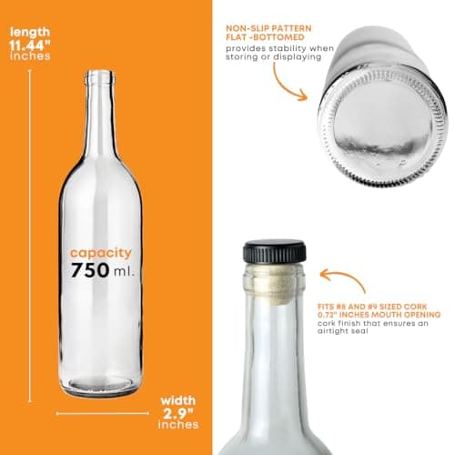 FastRack 750 ml Clear Wine Bottles with 6 Cognac Corks w/Plastic Tops (Pack of 6 - Thumbnail 3
