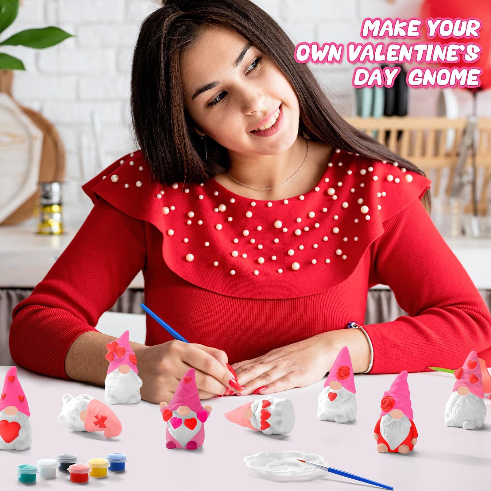 Foilswirl 8 Pcs Valentine Gnome Ceramics to Paint Galentine Pink Ready to Paint - Thumbnail 3