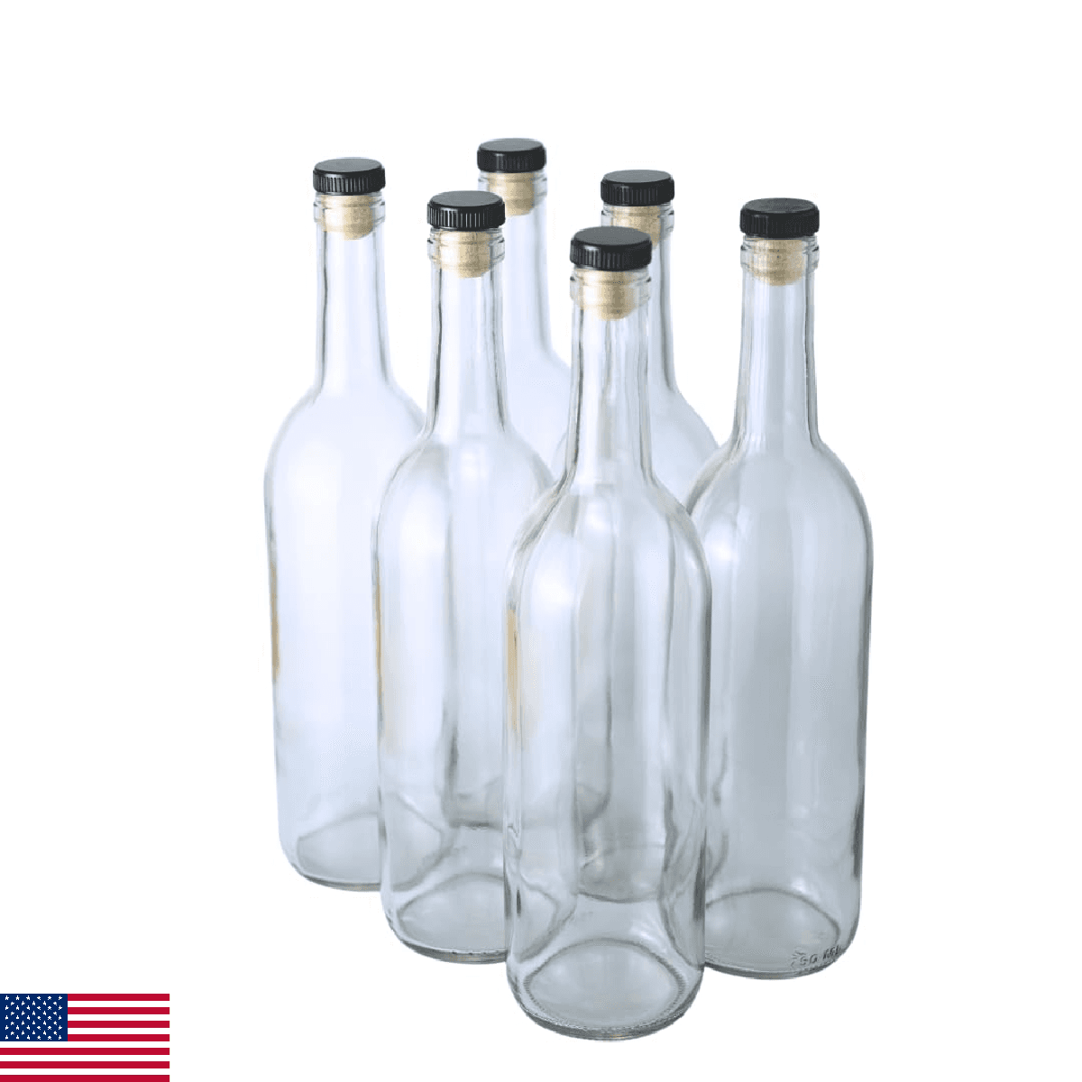 FastRack 750 ml Clear Wine Bottles with 6 Cognac Corks w/Plastic Tops (Pack of 6 - Image 1