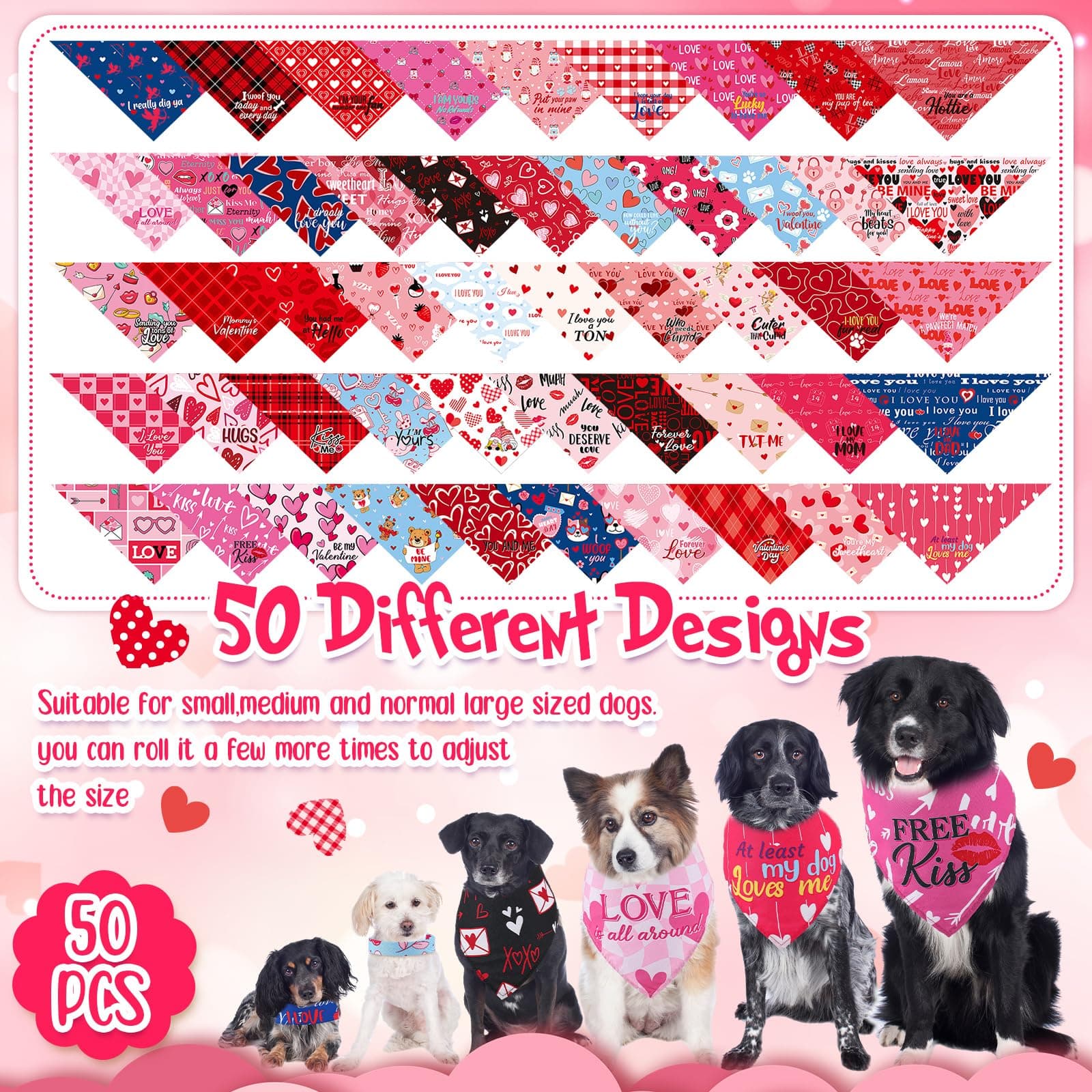 Chunful 50 Pcs Valentine's Day Dog Bandana Bulk with Sayings Pet Triangle Scarf - Thumbnail 4